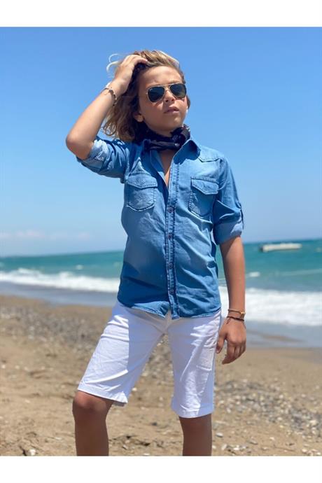 Erkek Çocuk Kot Gömlek Şort 2li Takım BEYAZ 4 Yaş