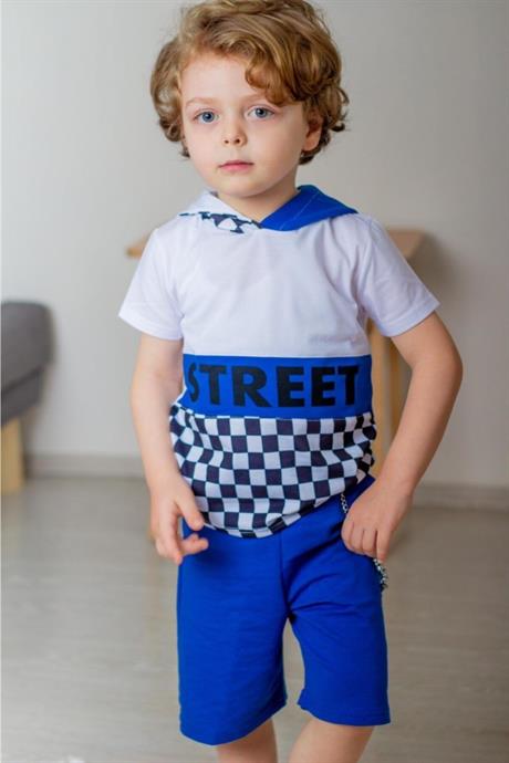 Erkek Çocuk Kırmızı Street Model Kısa Kollu Sweatshırt Zincirli Şortlu Eşofman Takım B-114 MAVİ 6 Yaş
