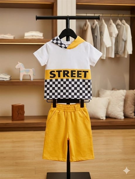 Erkek Çocuk Kırmızı Street Model Kısa Kollu Sweatshırt Zincirli Şortlu Eşofman Takım B-114