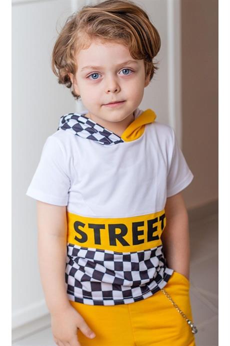 Erkek Çocuk Kırmızı Street Model Kısa Kollu Sweatshırt Zincirli Şortlu Eşofman Takım B-114 SARI 12 Yaş