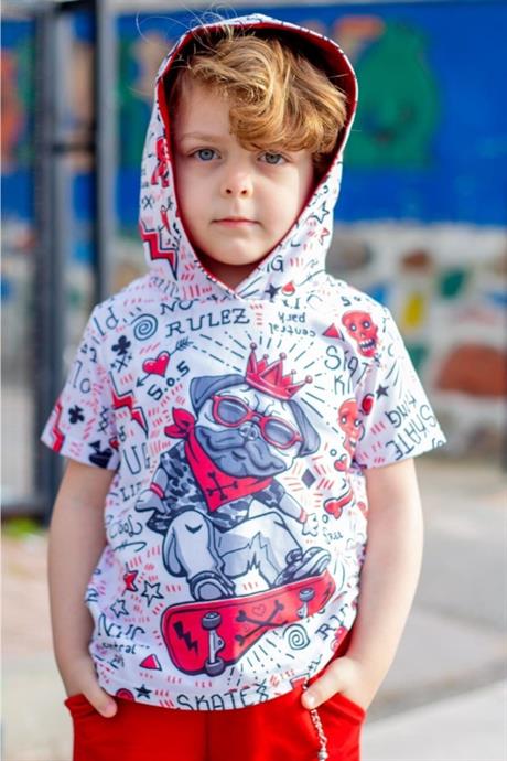 Erkek Çocuk Mavi Kapüşonlu Kral Köpek Model Kısa Kollu Sweatshirt Şort Zincirli Eşofman Takım B-113 KIRMIZI 8 Yaş