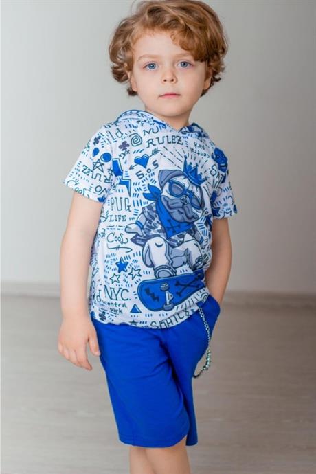 Erkek Çocuk Mavi Kapüşonlu Kral Köpek Model Kısa Kollu Sweatshirt Şort Zincirli Eşofman Takım B-113 SAKS 6 Yaş