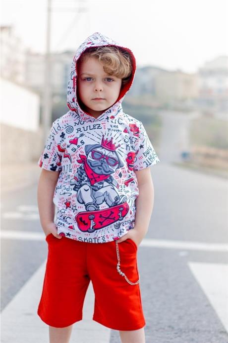 Erkek Çocuk Mavi Kapüşonlu Kral Köpek Model Kısa Kollu Sweatshirt Şort Zincirli Eşofman Takım B-113 KIRMIZI 6 Yaş