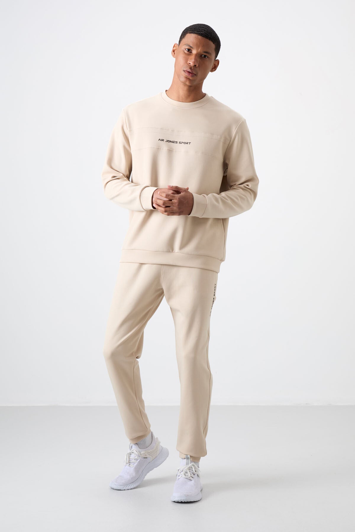Bej Pamuklu Kalın Yumuşak Dokulu Comfort Fit Baskılı Erkek Eşofman Takım - 85253