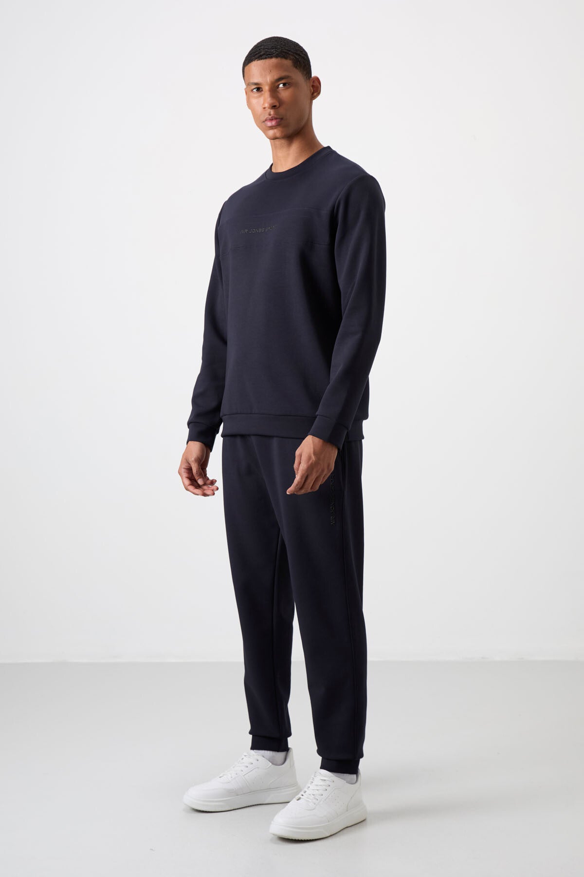 Lacivert Pamuklu Kalın Yumuşak Dokulu Comfort Fit Baskılı Erkek Eşofman Takım - 85253