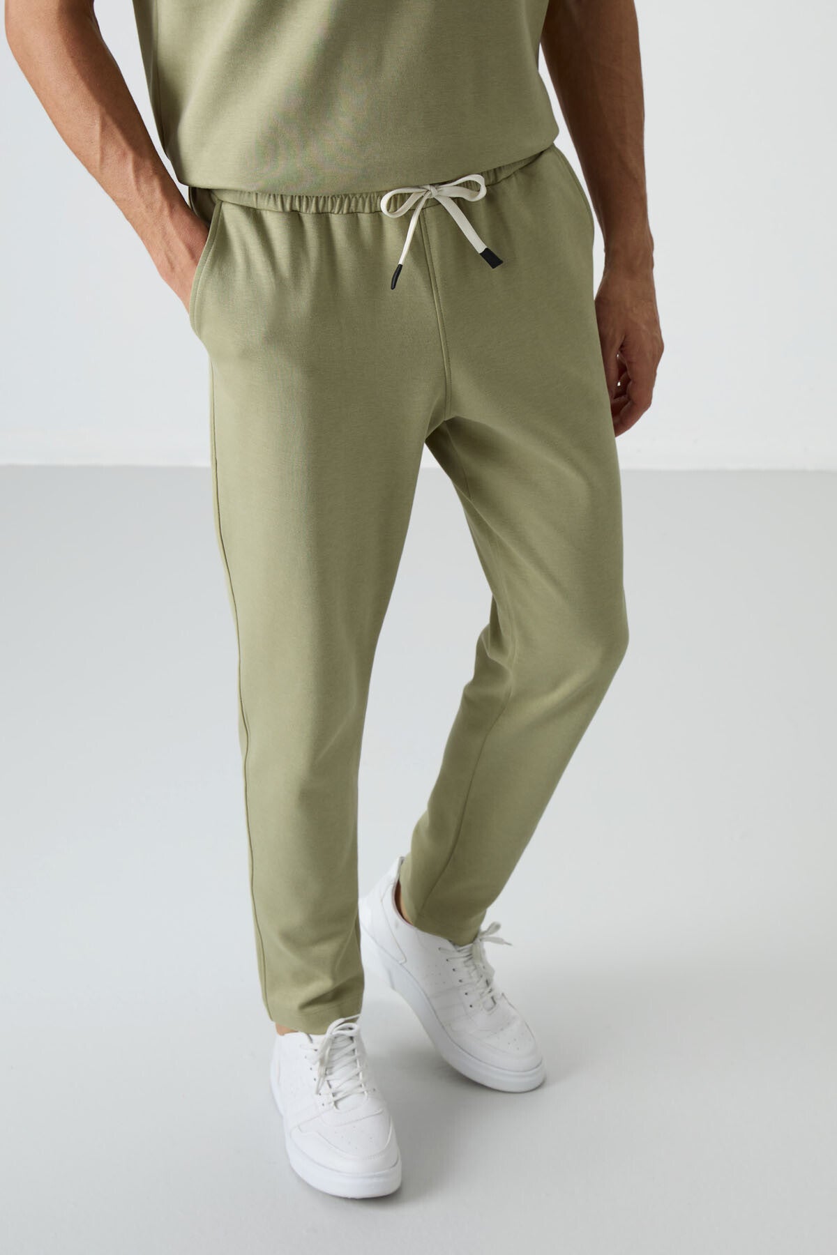 Açık Çağla Pamuklu Kalın Yumuşak Dokulu Oversize Fit Basic Erkek Eşofman Takım - 85251