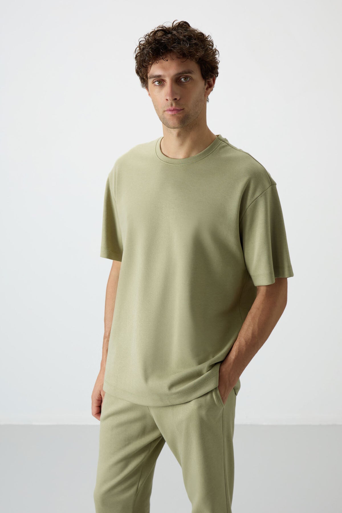 Açık Çağla Pamuklu Kalın Yumuşak Dokulu Oversize Fit Basic Erkek Eşofman Takım - 85251