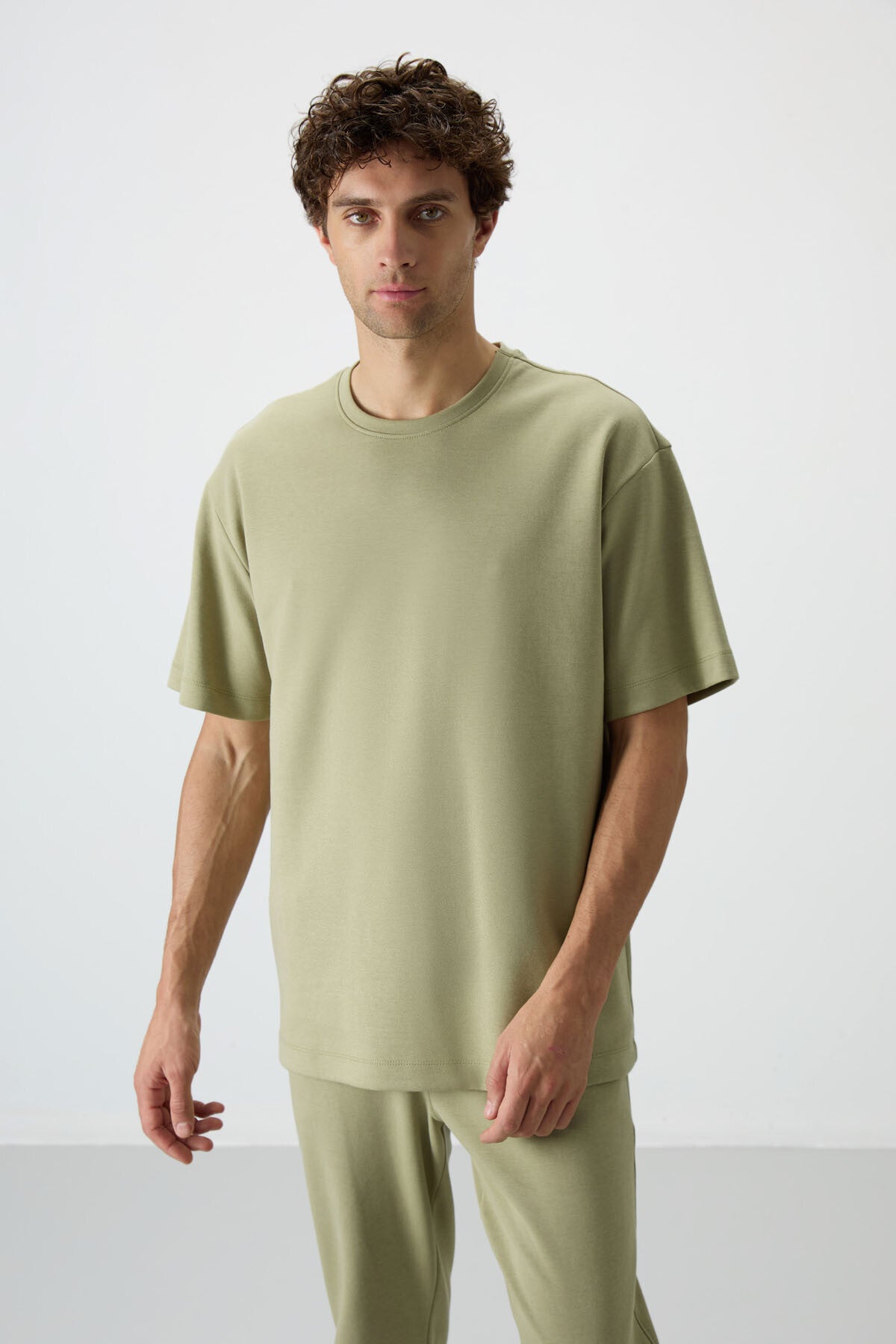 Açık Çağla Pamuklu Kalın Yumuşak Dokulu Oversize Fit Basic Erkek Eşofman Takım - 85251