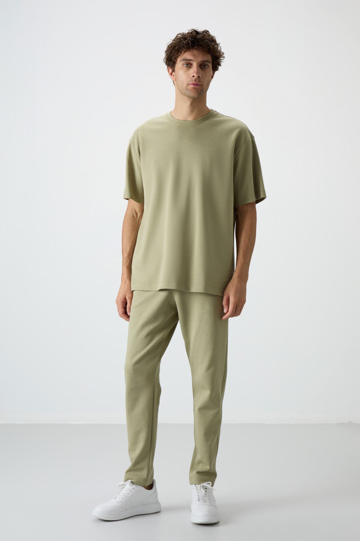 Açık Çağla Pamuklu Kalın Yumuşak Dokulu Oversize Fit Basic Erkek Eşofman Takım - 85251