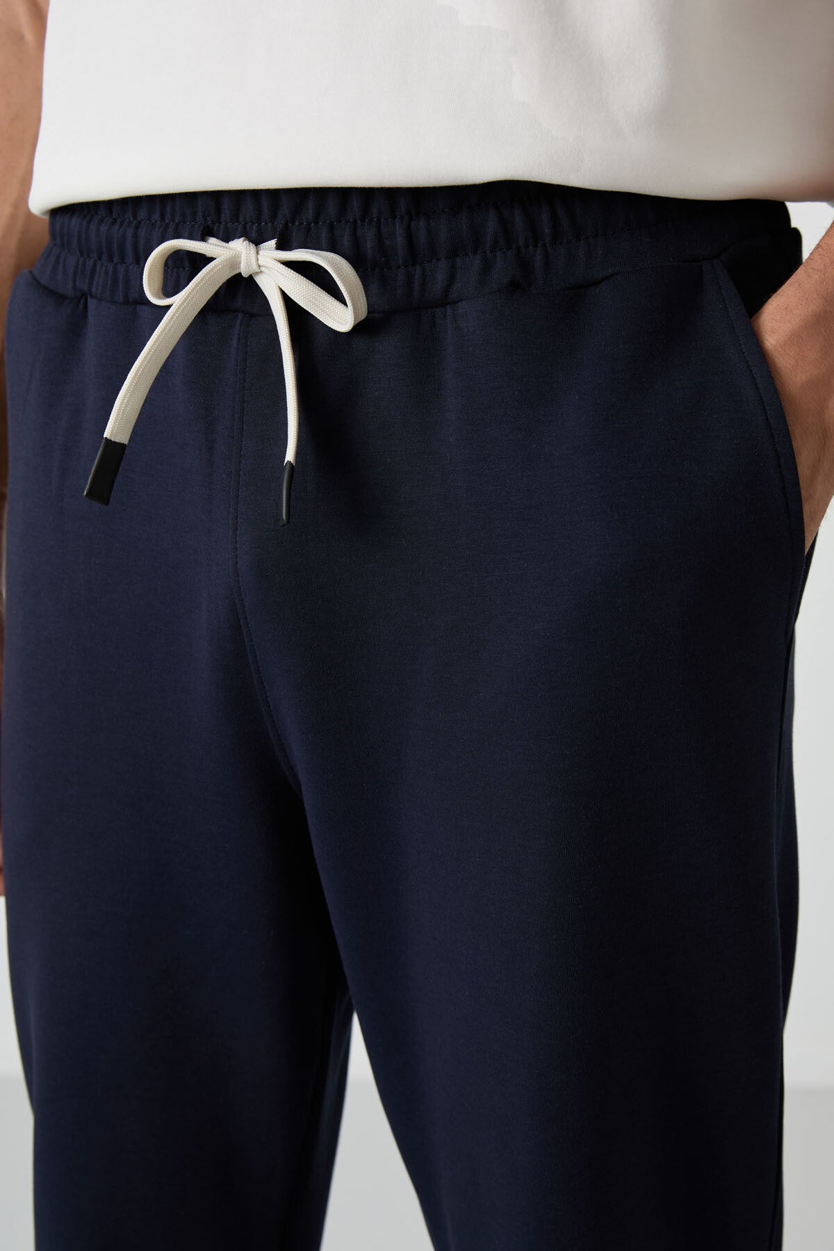 Ekru - Lacivert Pamuklu Kalın Yumuşak Dokulu Oversize Fit Basic Erkek Eşofman Takım - 85251