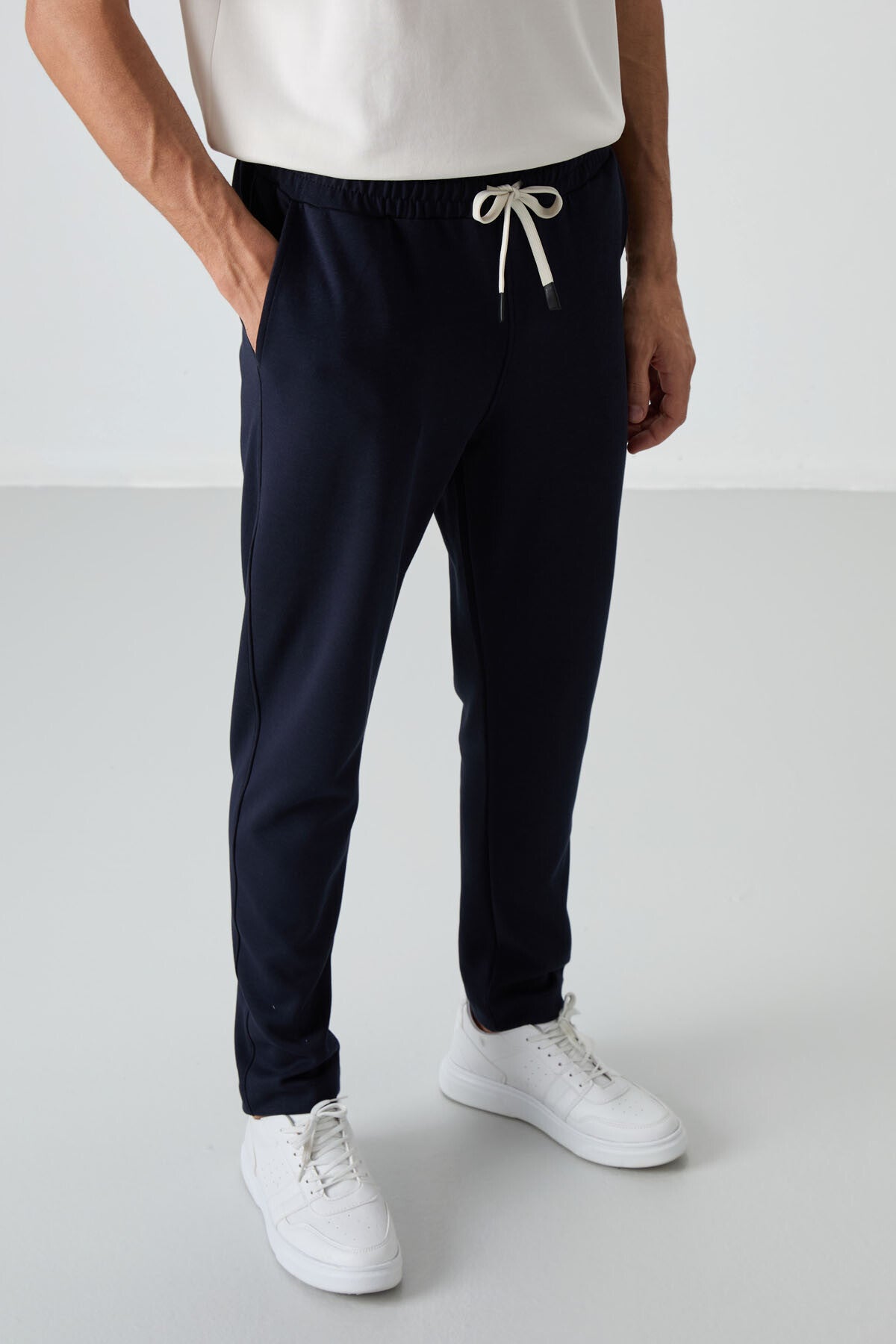 Ekru - Lacivert Pamuklu Kalın Yumuşak Dokulu Oversize Fit Basic Erkek Eşofman Takım - 85251