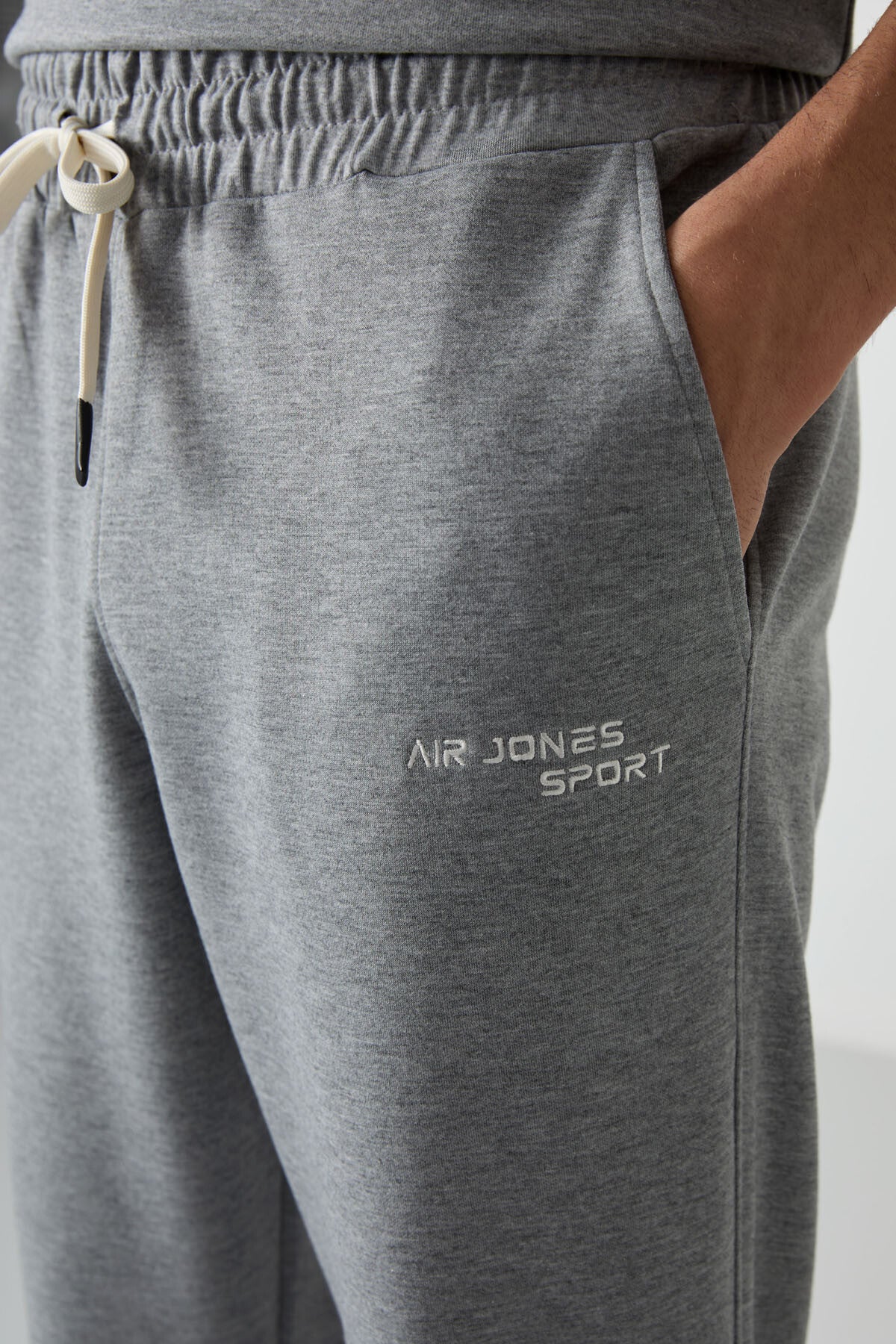 Gri Melanj Pamuklu Kalın Yumuşak Dokulu Oversize Fit Nakışlı Erkek Eşofman Takım - 85252