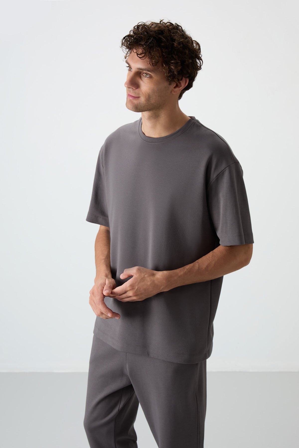 Koyu Gri Pamuklu Kalın Yumuşak Dokulu Oversize Fit Basic Erkek Eşofman Takım - 85251
