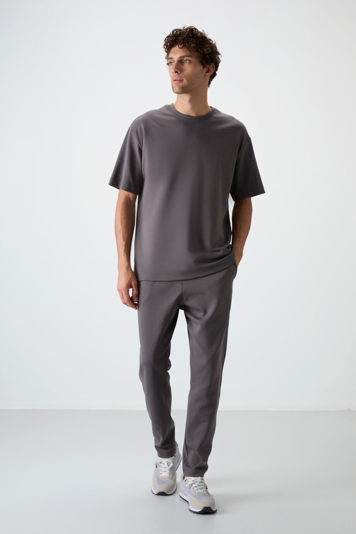 Koyu Gri Pamuklu Kalın Yumuşak Dokulu Oversize Fit Basic Erkek Eşofman Takım - 85251