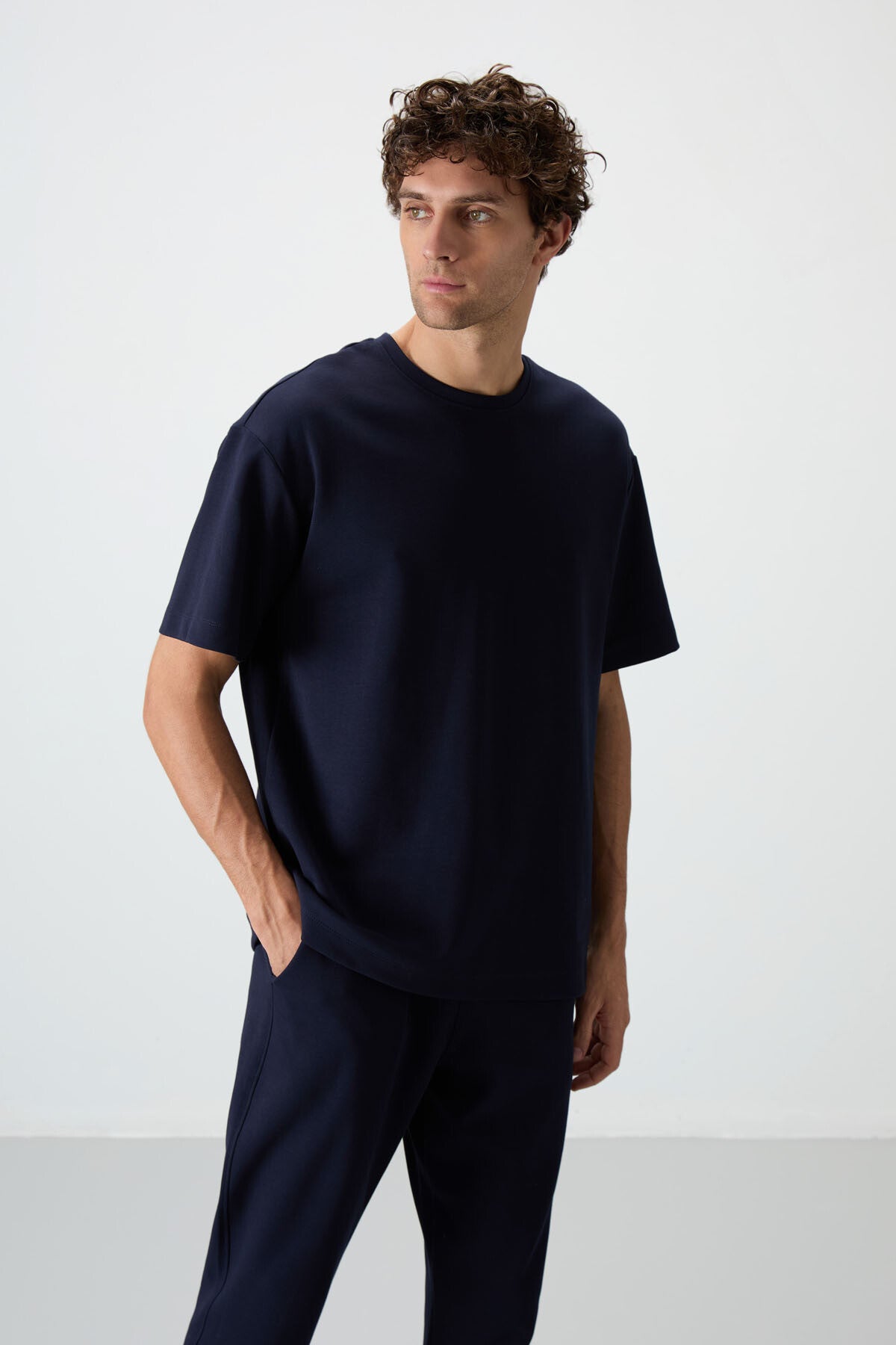 Lacivert Pamuklu Kalın Yumuşak Dokulu Oversize Fit Basic Erkek Eşofman Takım - 85251