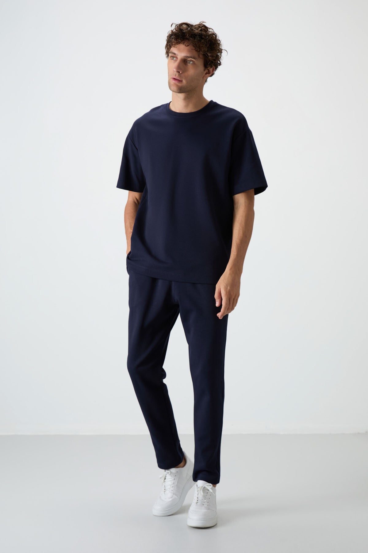 Lacivert Pamuklu Kalın Yumuşak Dokulu Oversize Fit Basic Erkek Eşofman Takım - 85251