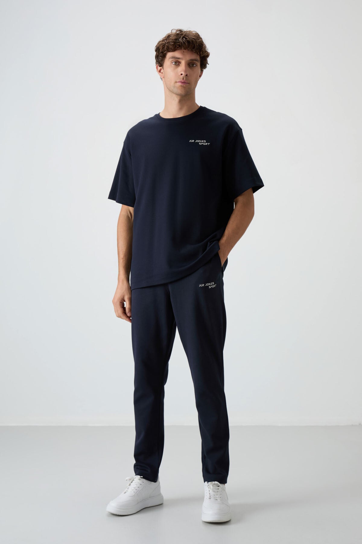 Lacivert Pamuklu Kalın Yumuşak Dokulu Oversize Fit Nakışlı Erkek Eşofman Takım - 85252