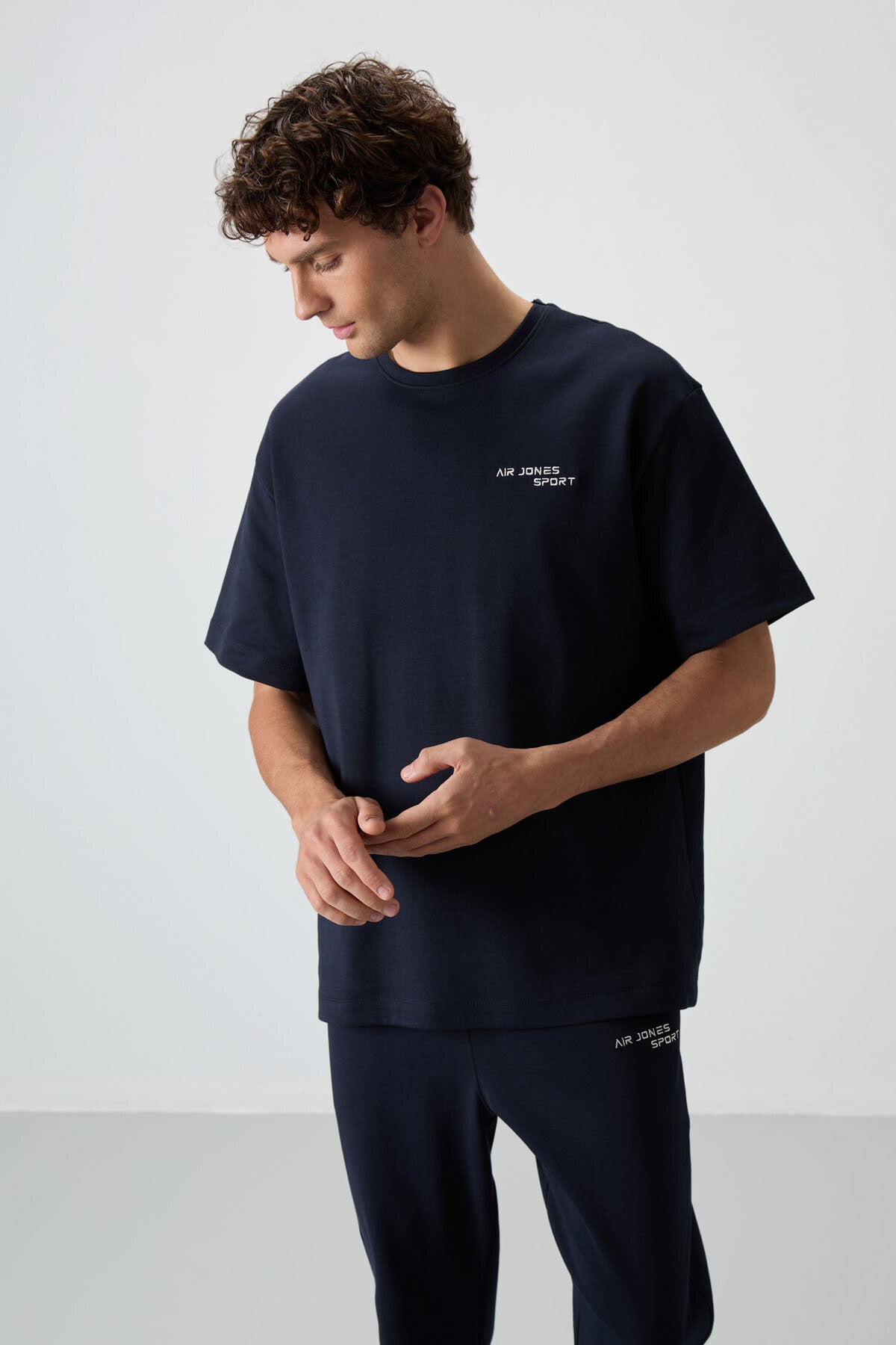 Lacivert Pamuklu Kalın Yumuşak Dokulu Oversize Fit Nakışlı Erkek Eşofman Takım - 85252