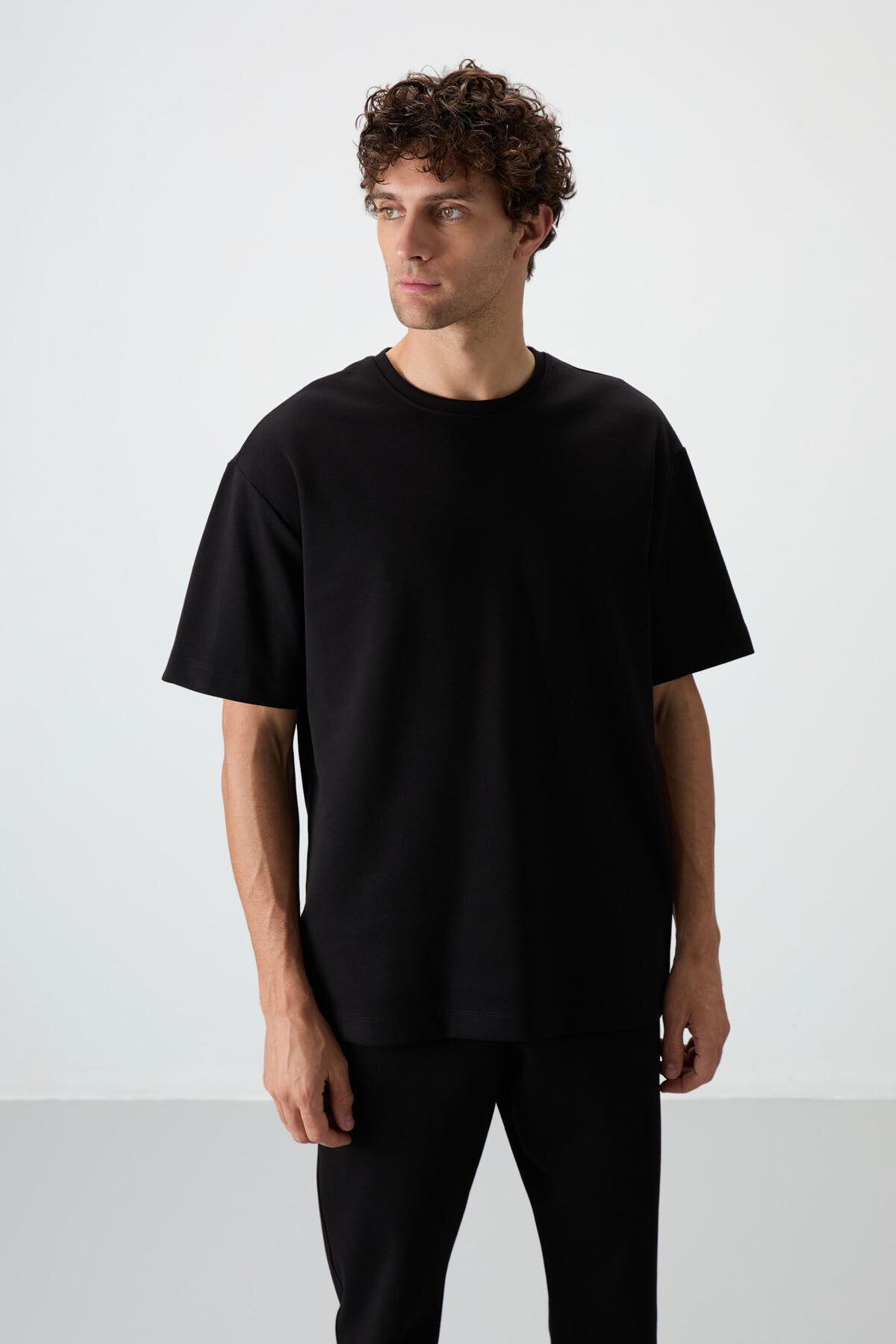 Siyah Pamuklu Kalın Yumuşak Dokulu Oversize Fit Basic Erkek Eşofman Takım - 85251