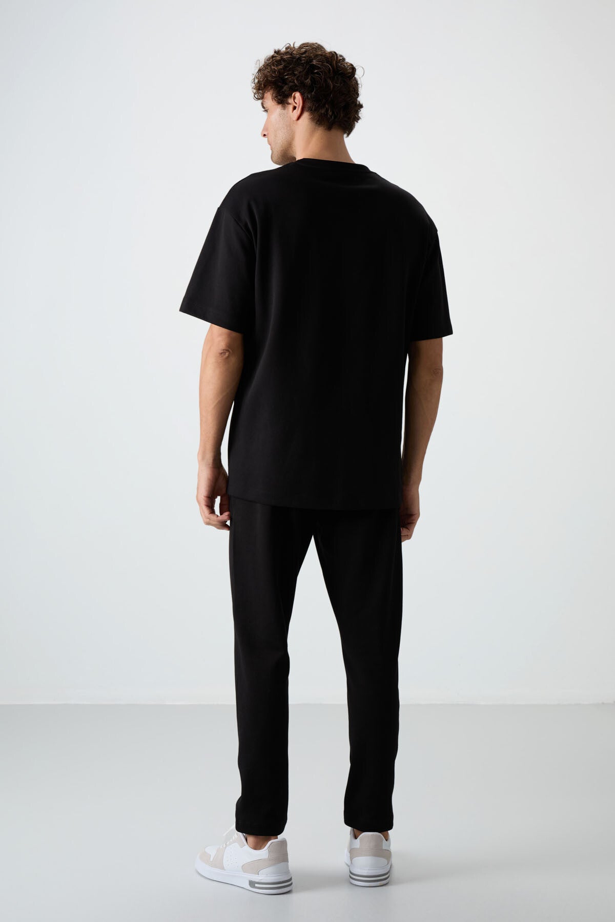 Siyah Pamuklu Kalın Yumuşak Dokulu Oversize Fit Basic Erkek Eşofman Takım - 85251