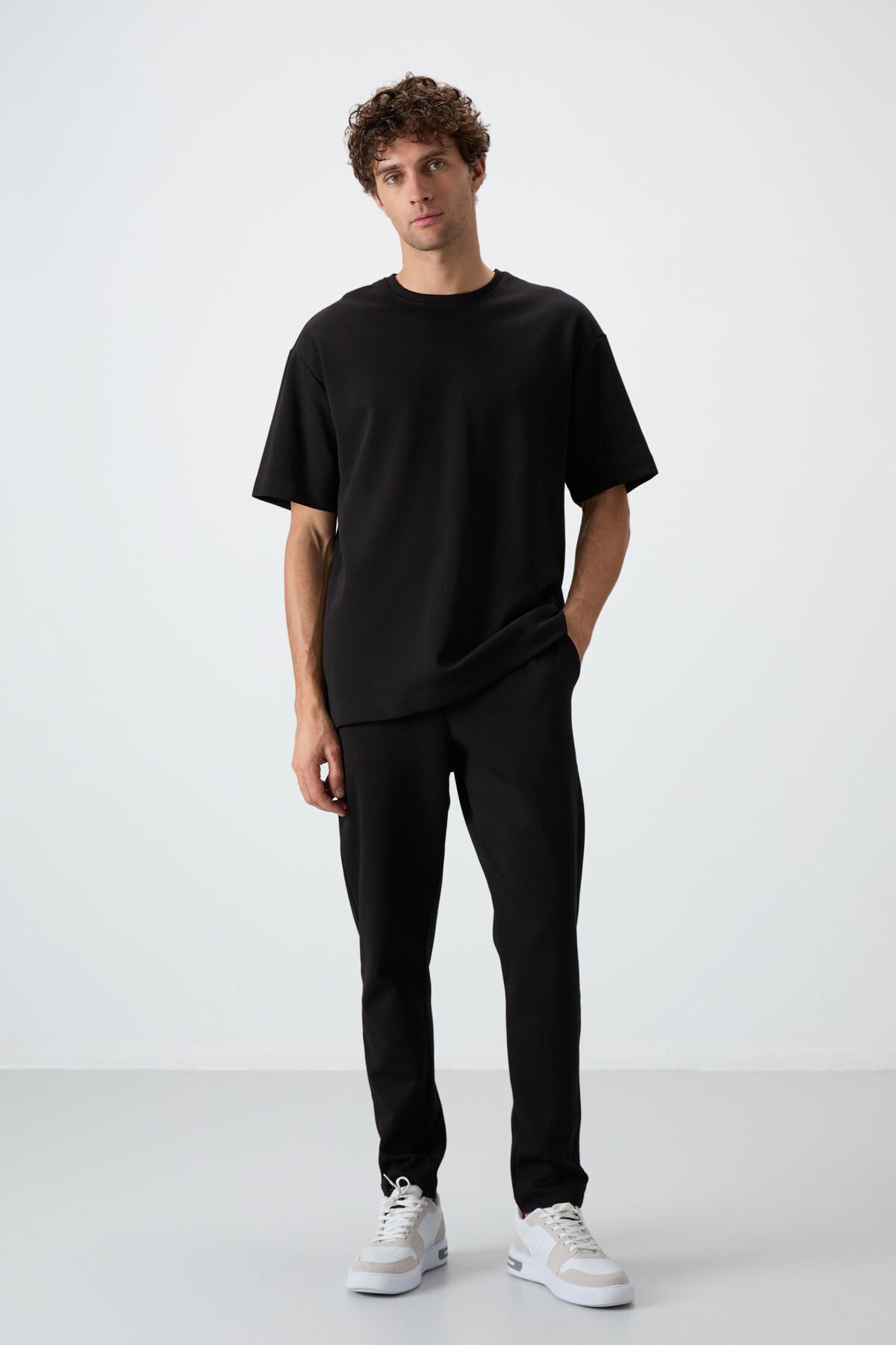 Siyah Pamuklu Kalın Yumuşak Dokulu Oversize Fit Basic Erkek Eşofman Takım - 85251