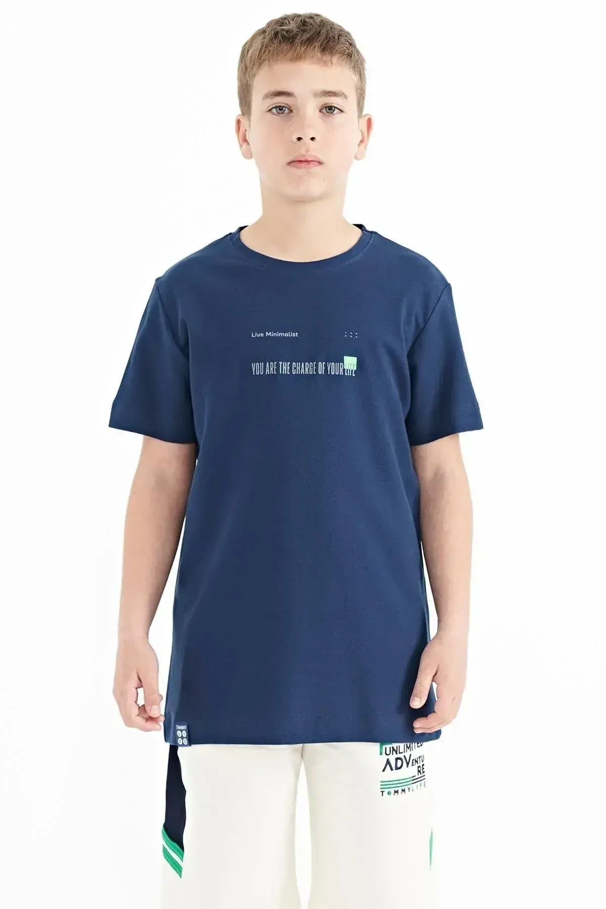 İndigo Baskı Detaylı O Yaka Standart Kalıp Erkek  Çocuk T-Shirt - 11117