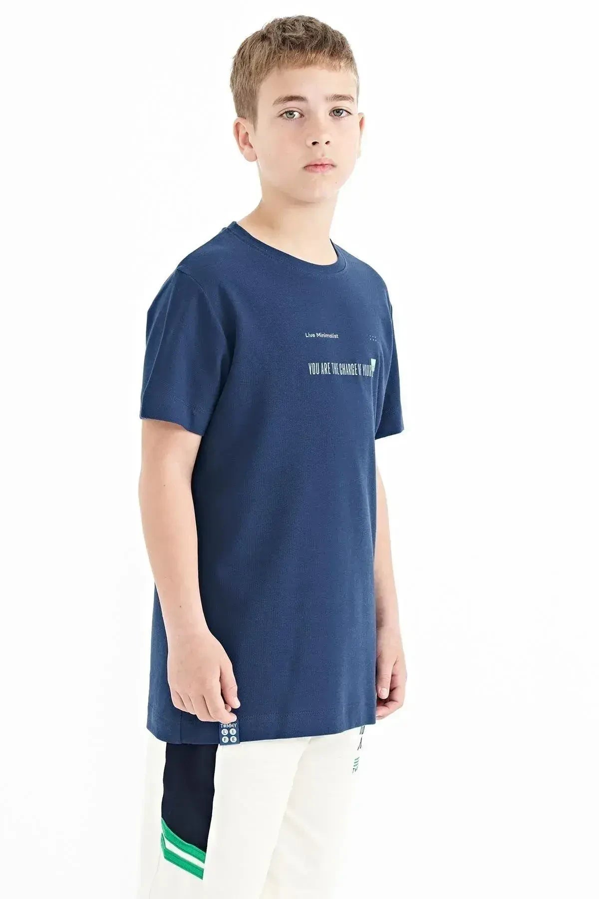 İndigo Baskı Detaylı O Yaka Standart Kalıp Erkek  Çocuk T-Shirt - 11117