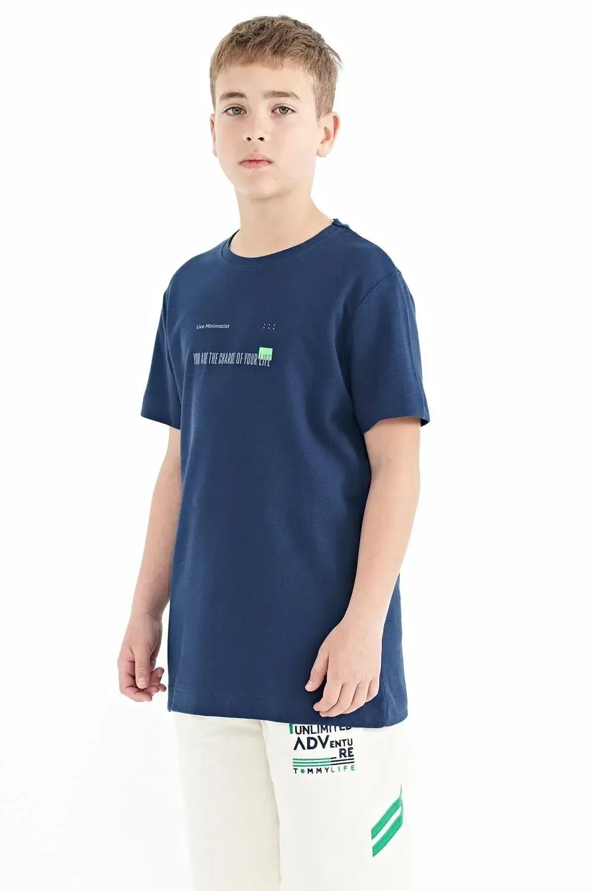 İndigo Baskı Detaylı O Yaka Standart Kalıp Erkek  Çocuk T-Shirt - 11117