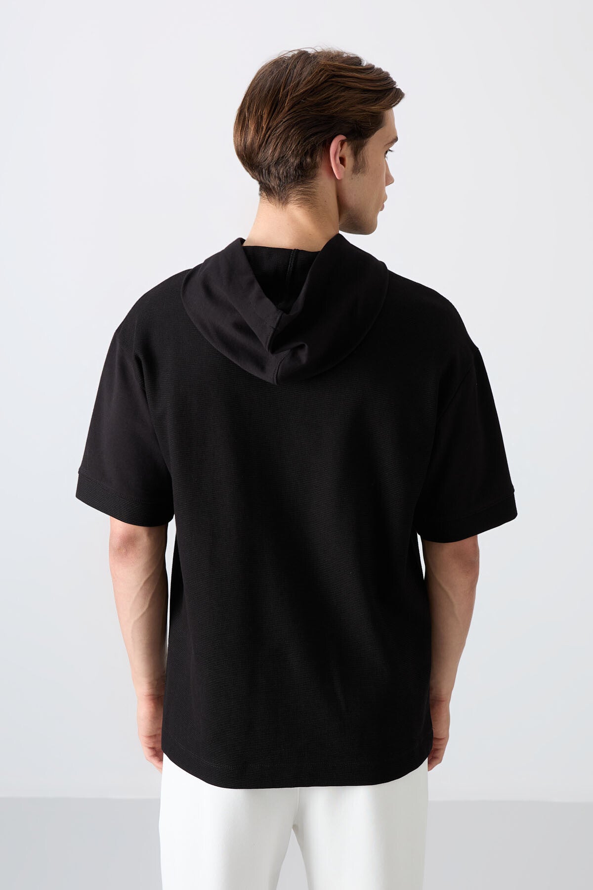 Siyah Pamuklu Kalın Yüzeyi Dokulu Oversize Fit Basic Erkek T-Shirt - 88335
