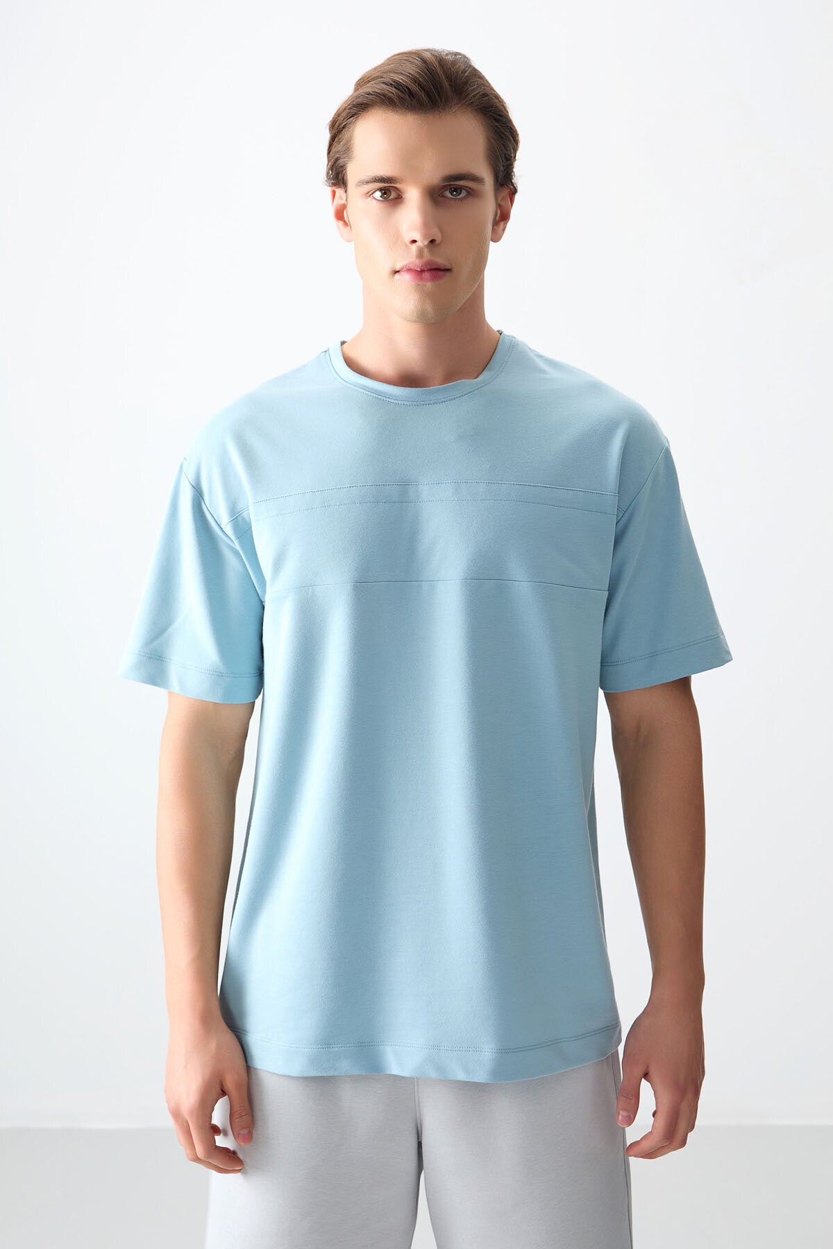 Açık Mavi Pamuklu Kalın Yumuşak Dokulu Oversize Fit Basic Erkek T-Shirt - 88378