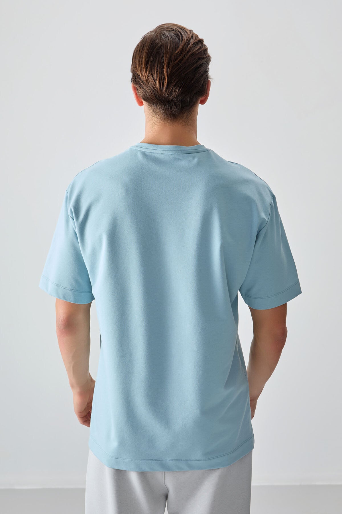 Açık Mavi Pamuklu Kalın Yumuşak Dokulu Oversize Fit Basic Erkek T-Shirt - 88377