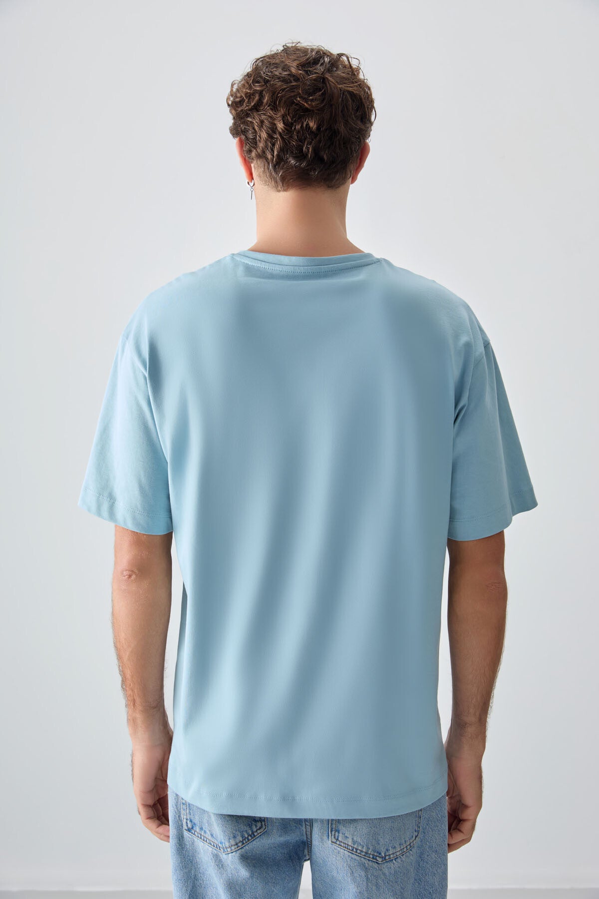 Açık Mavi %100 Pamuk Kalın Yumuşak Dokulu Oversize Fit Baskılı Erkek T-Shirt - 88355