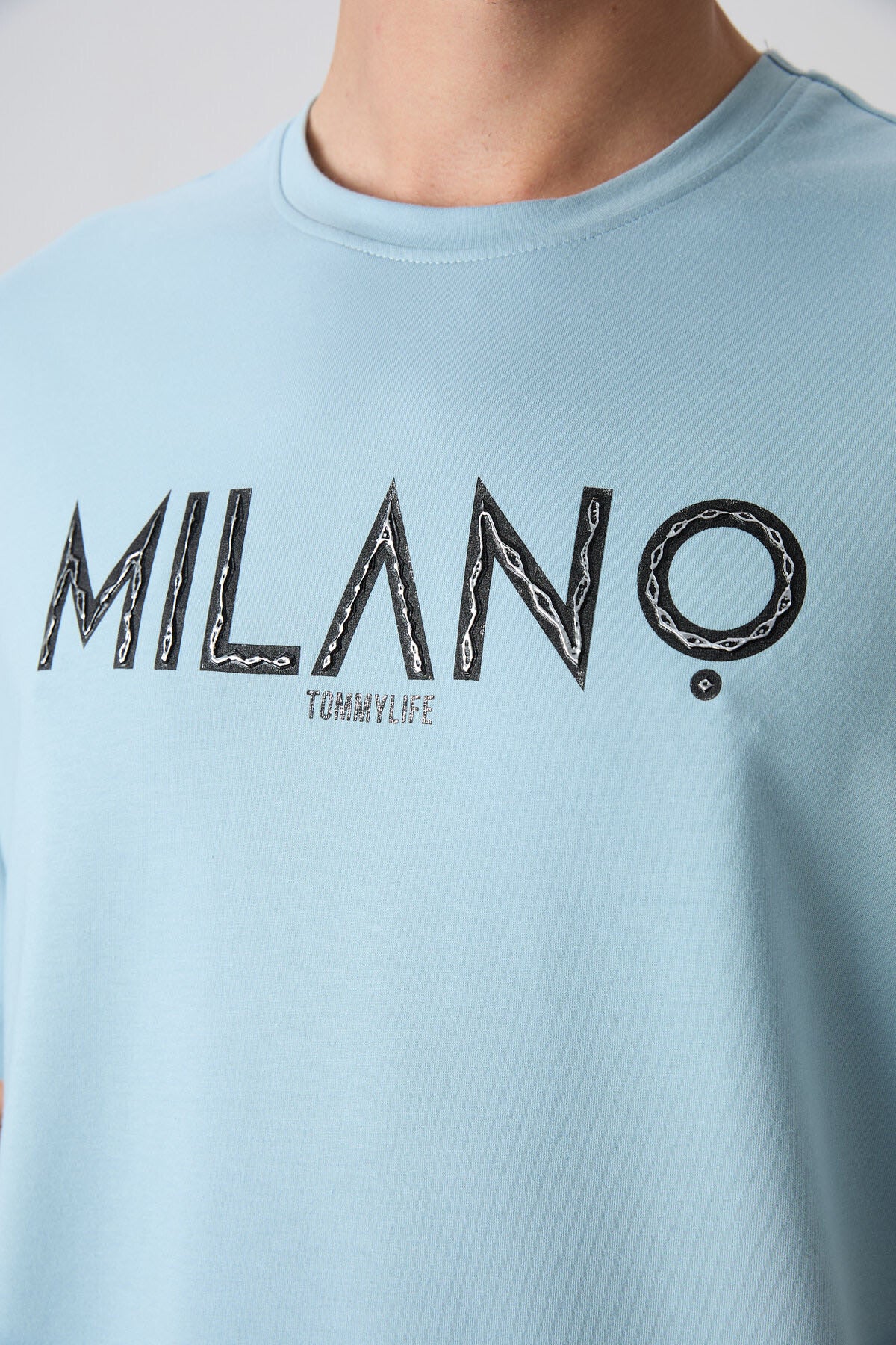 Açık Mavi Pamuklu Kalın Yumuşak Dokulu Oversize Fit Baskılı Erkek T-Shirt - 88345