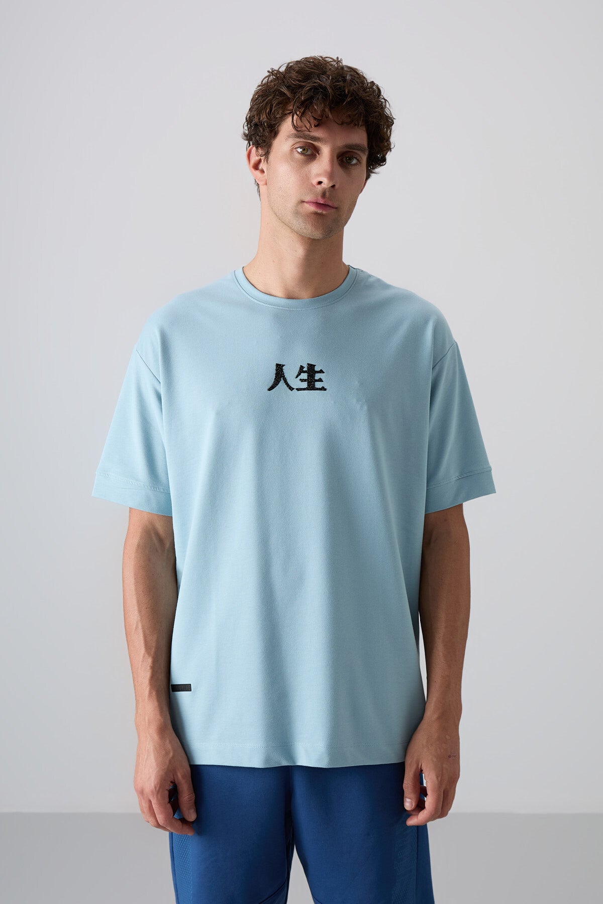Açık Mavi Pamuklu Kalın Yumuşak Dokulu Oversize Fit Baskılı Erkek T-Shirt - 88342