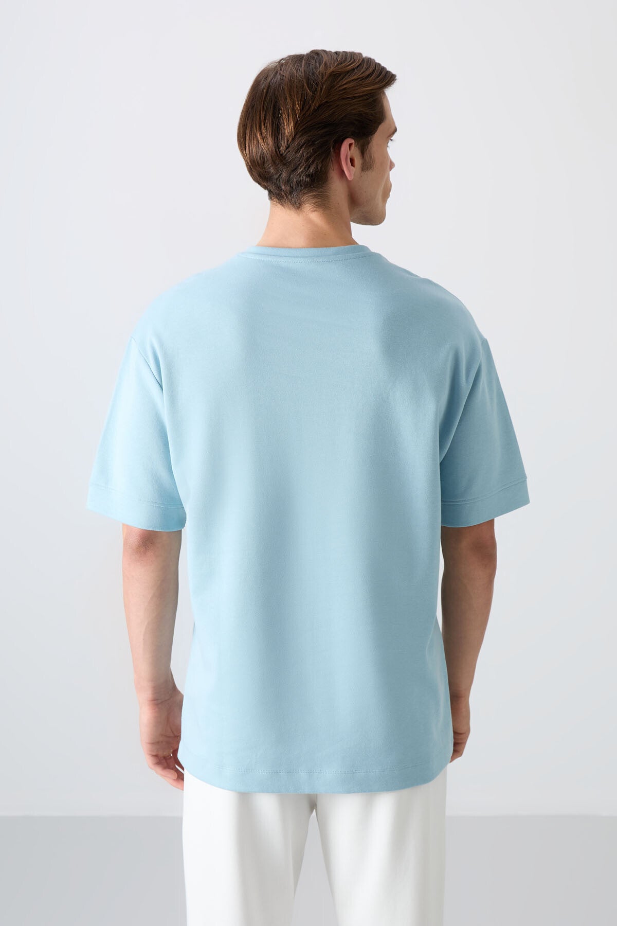 Açık Mavi Pamuklu Kalın Yumuşak Dokulu Oversize Fit Baskılı Erkek T-Shirt - 88320