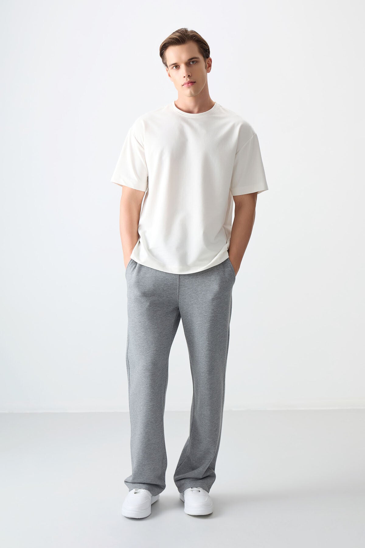 Ekru Pamuklu Kalın Yumuşak Dokulu Oversize Fit Basic Erkek T-Shirt - 88377