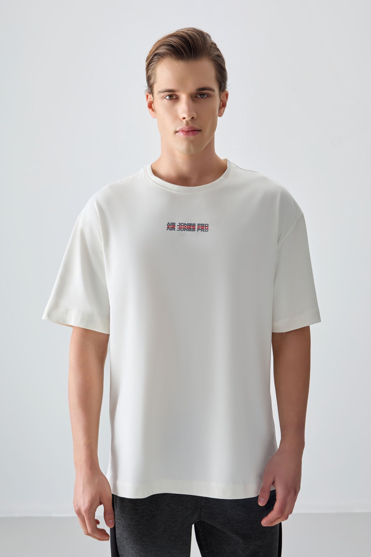 Ekru %100 Pamuk Kalın Yumuşak Dokulu Oversize Fit Baskılı Erkek T-Shirt - 88354