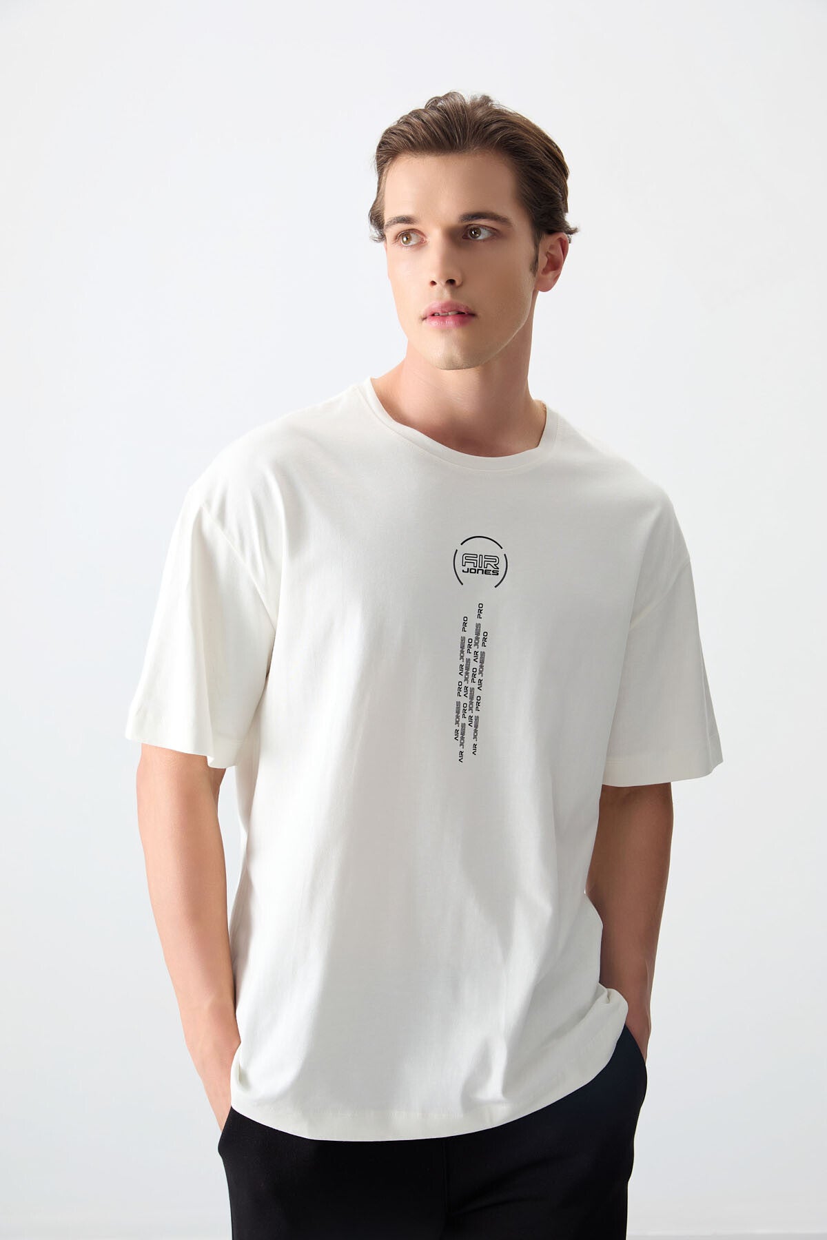 Ekru %100 Pamuk Kalın Yumuşak Dokulu Oversize Fit Baskılı Erkek T-Shirt - 88355