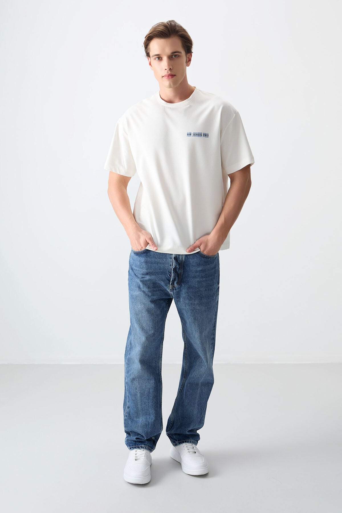 Ekru Pamuklu Kalın Yumuşak Dokulu Oversize Fit Baskılı Erkek T-Shirt - 88375