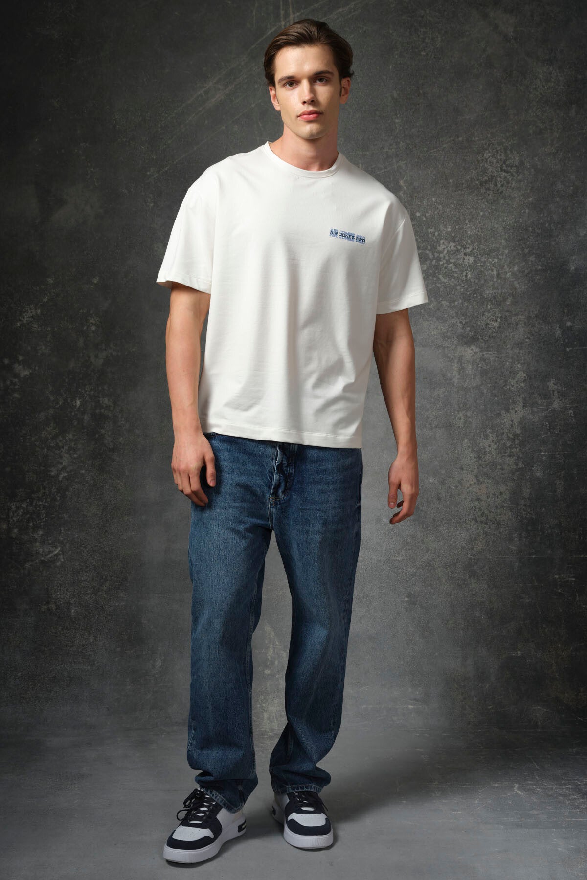 Ekru Pamuklu Kalın Yumuşak Dokulu Oversize Fit Baskılı Erkek T-Shirt - 88375