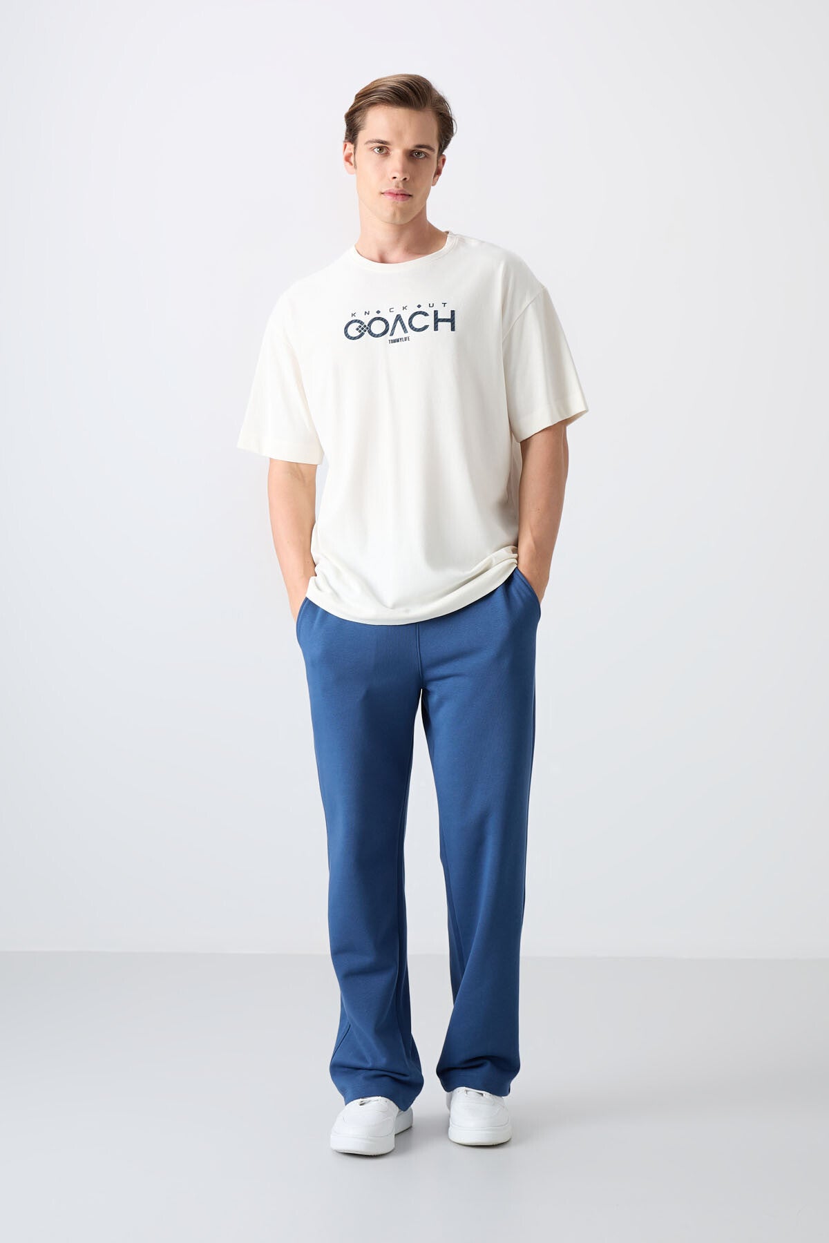 Ekru Pamuklu Kalın Yumuşak Dokulu Oversize Fit Baskılı Erkek T-Shirt - 88329