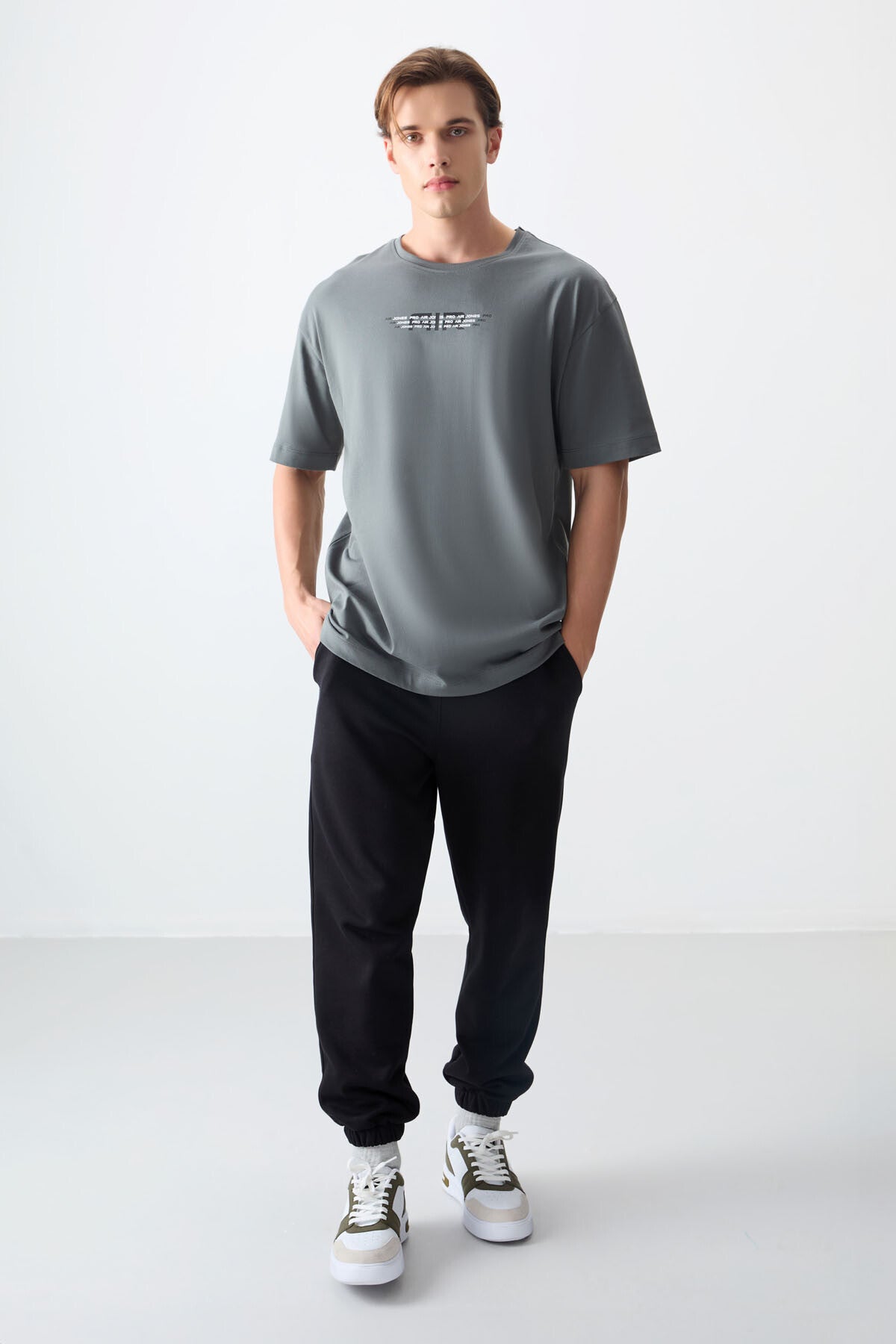 Haki %100 Pamuk Kalın Yumuşak Dokulu Oversize Fit Baskılı Erkek T-Shirt - 88356