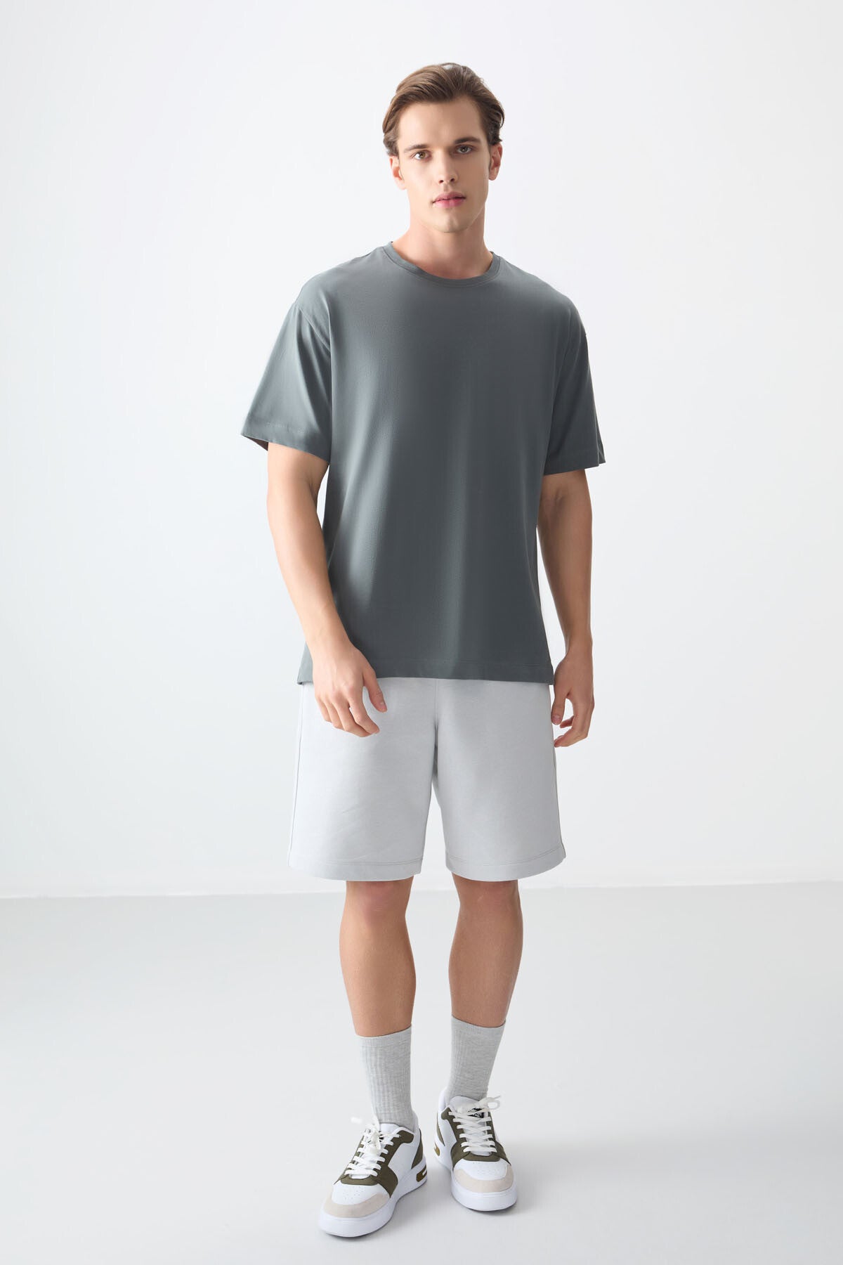 Haki %100 Pamuk Kalın Yumuşak Dokulu Oversize Fit Basic Erkek T-Shirt - 88353