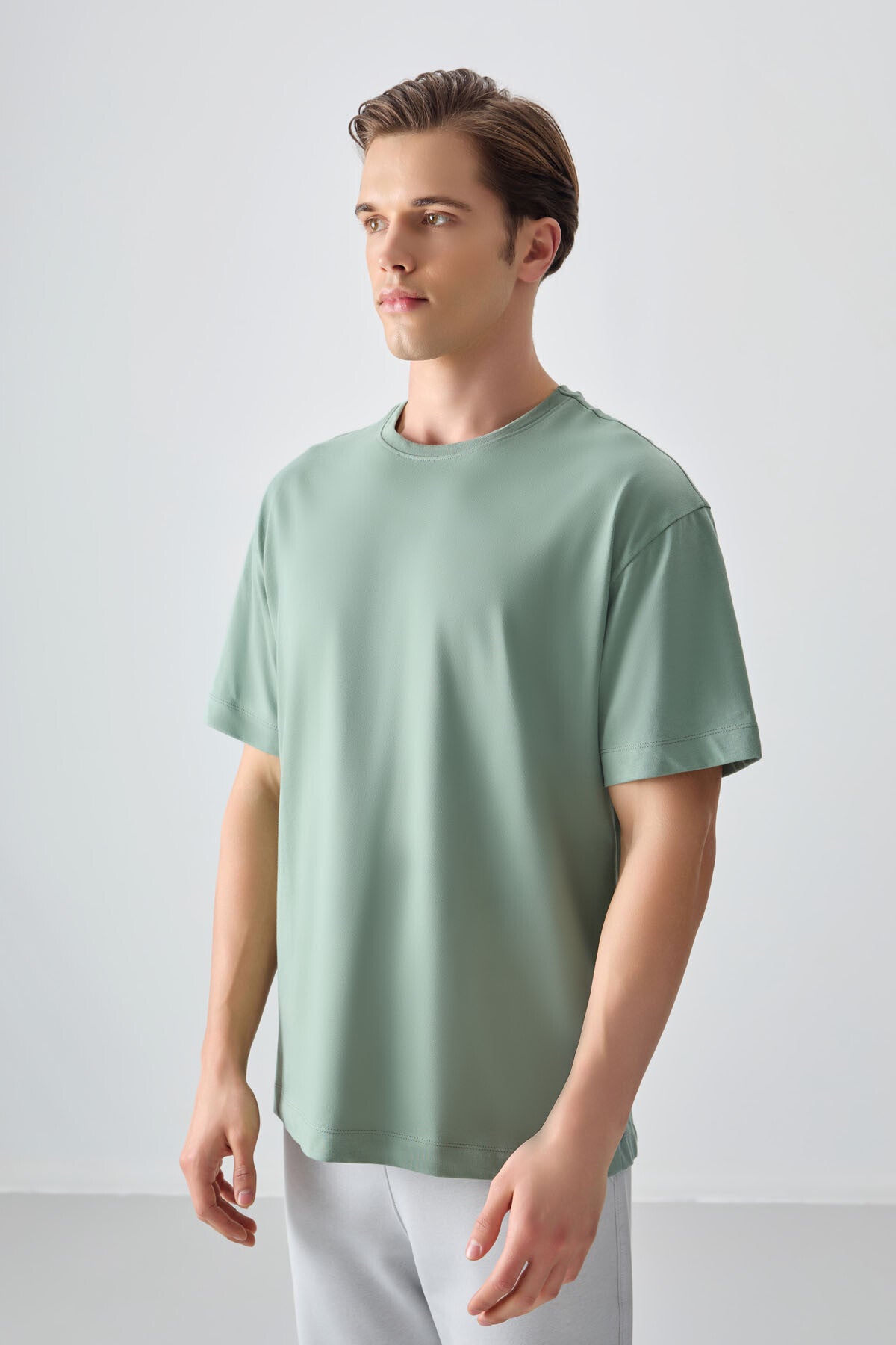 Açık Yeşil %100 Pamuk Kalın Yumuşak Dokulu Oversize Fit Basic Erkek T-Shirt - 88353