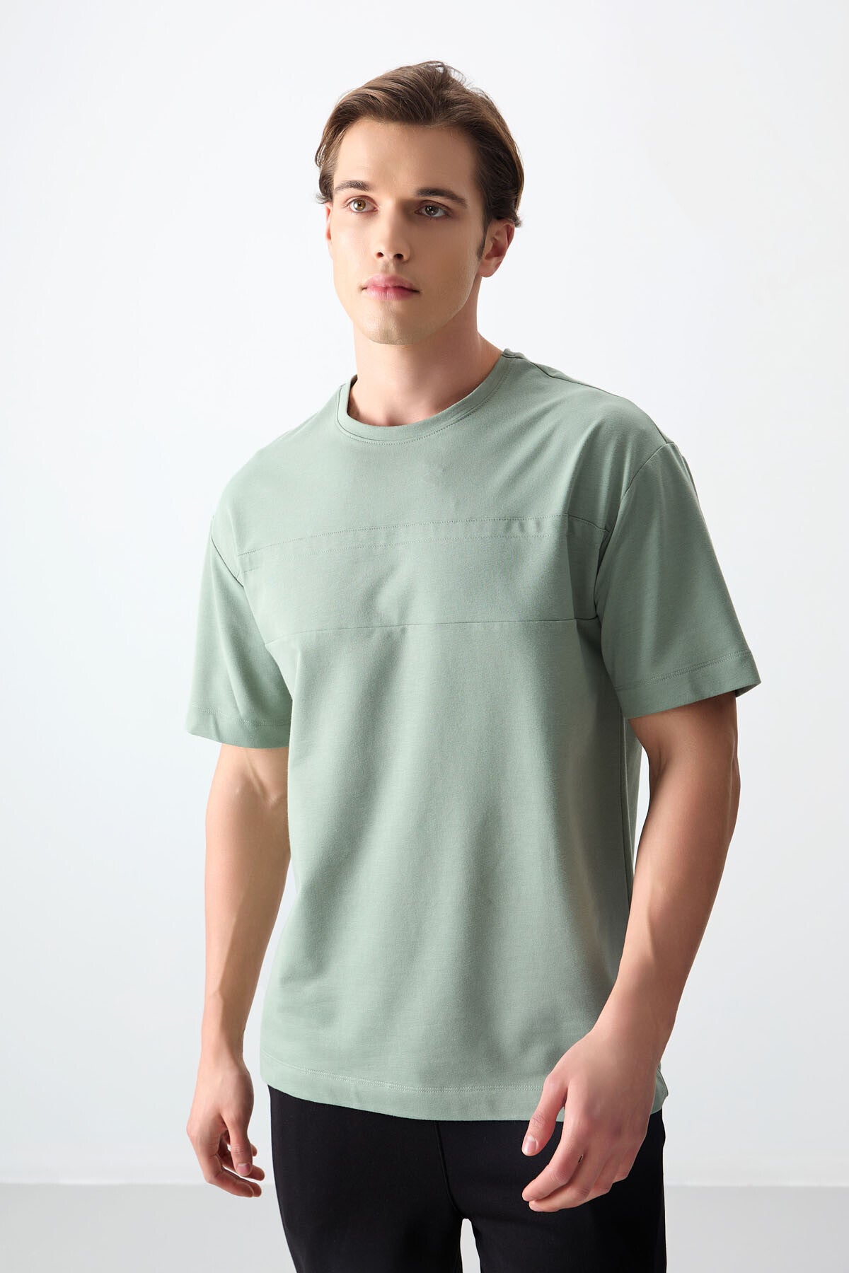 Açık Yeşil Pamuklu Kalın Yumuşak Dokulu Oversize Fit Basic Erkek T-Shirt - 88378