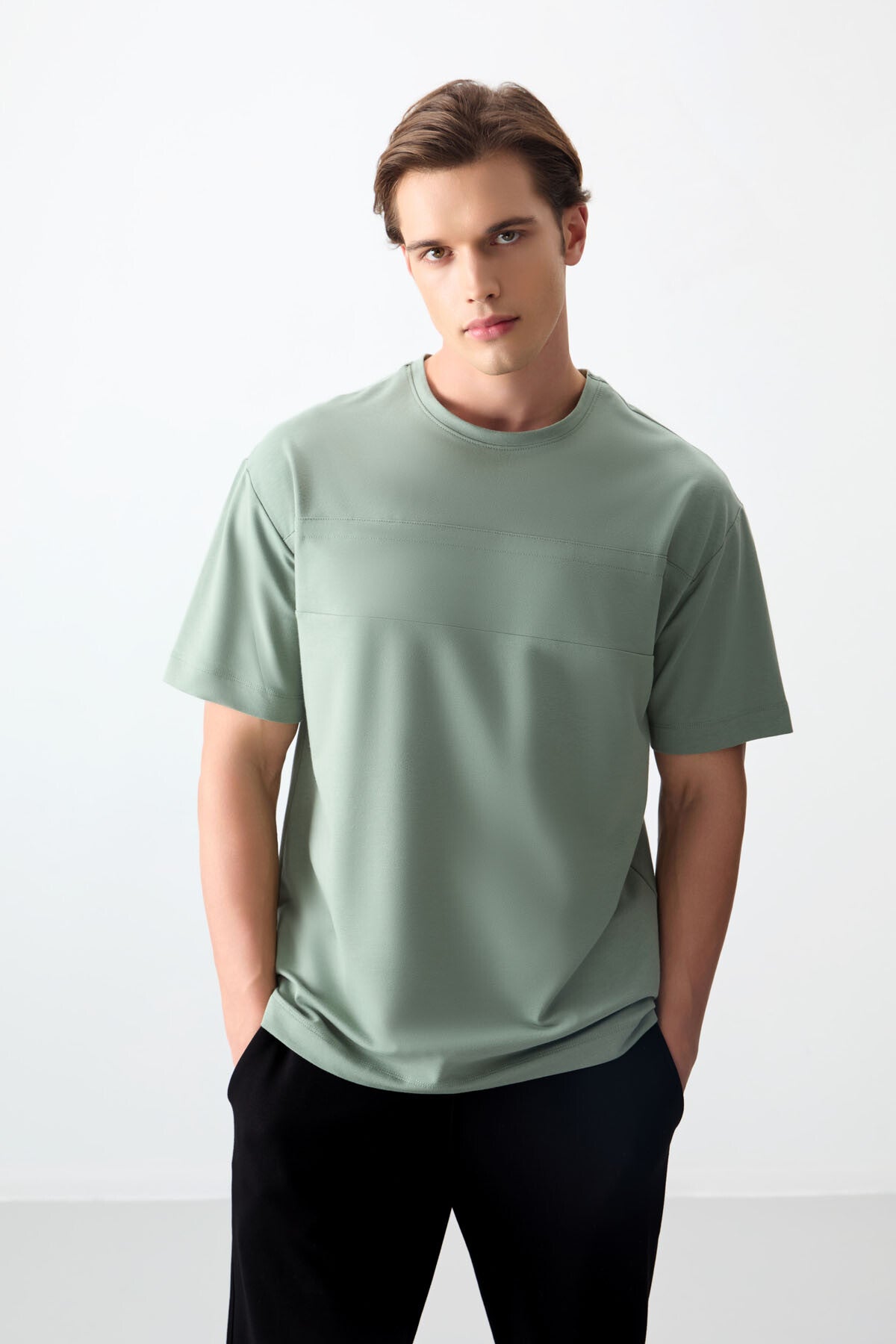 Açık Yeşil Pamuklu Kalın Yumuşak Dokulu Oversize Fit Basic Erkek T-Shirt - 88378