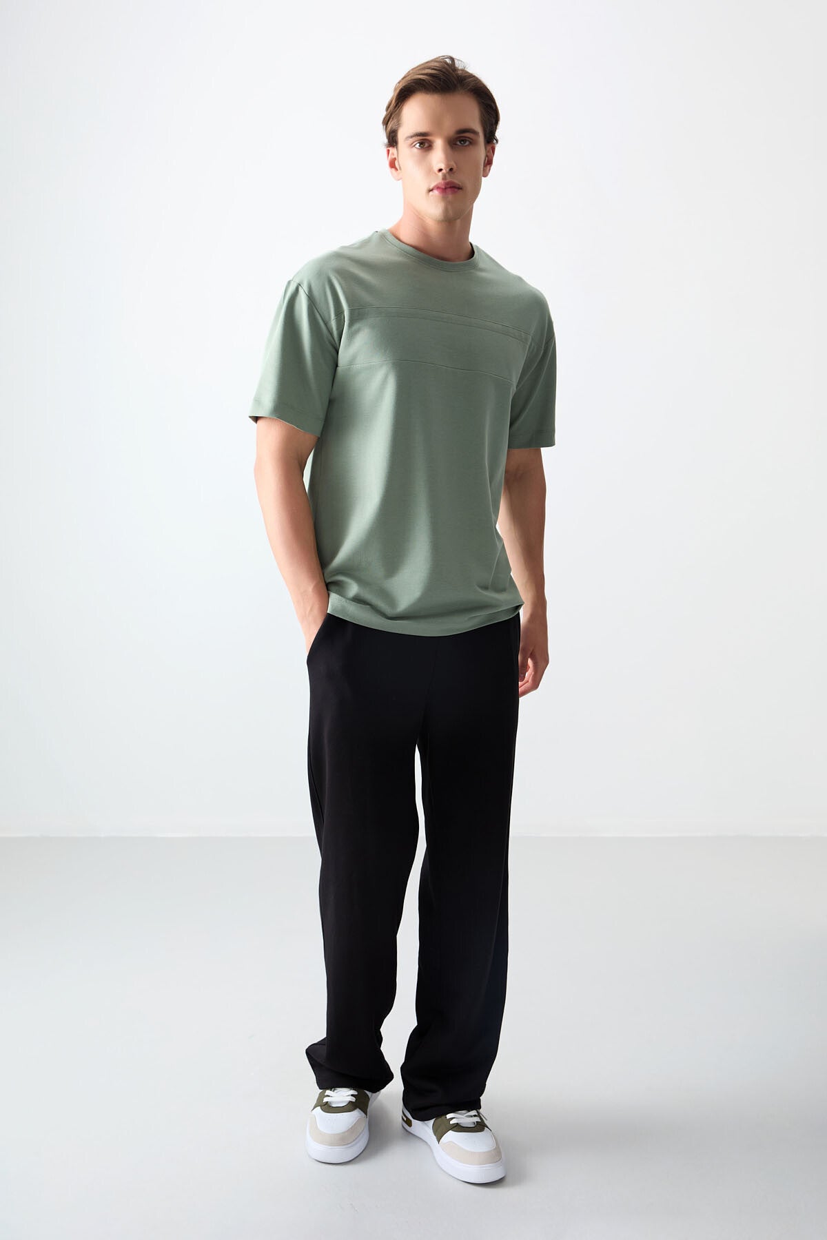 Açık Yeşil Pamuklu Kalın Yumuşak Dokulu Oversize Fit Basic Erkek T-Shirt - 88378