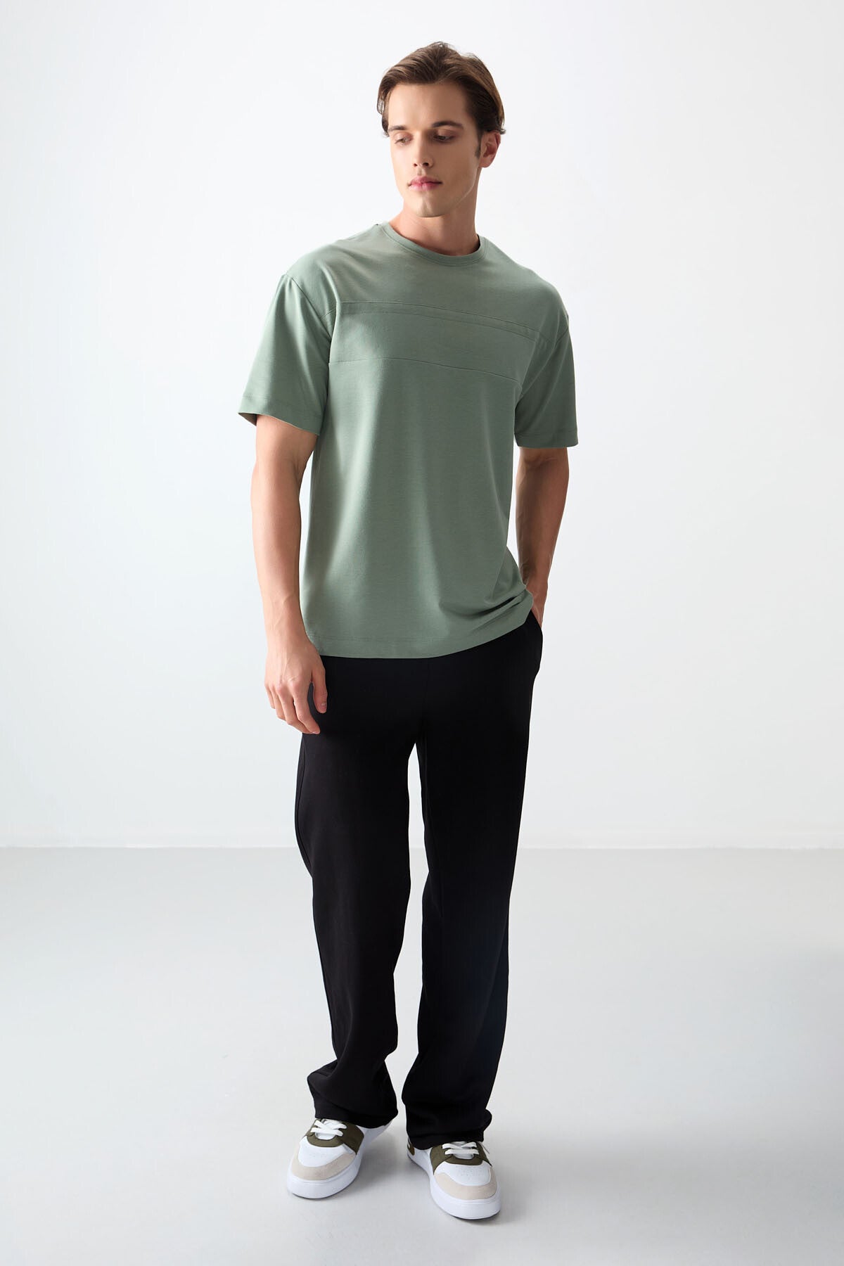 Açık Yeşil Pamuklu Kalın Yumuşak Dokulu Oversize Fit Basic Erkek T-Shirt - 88378