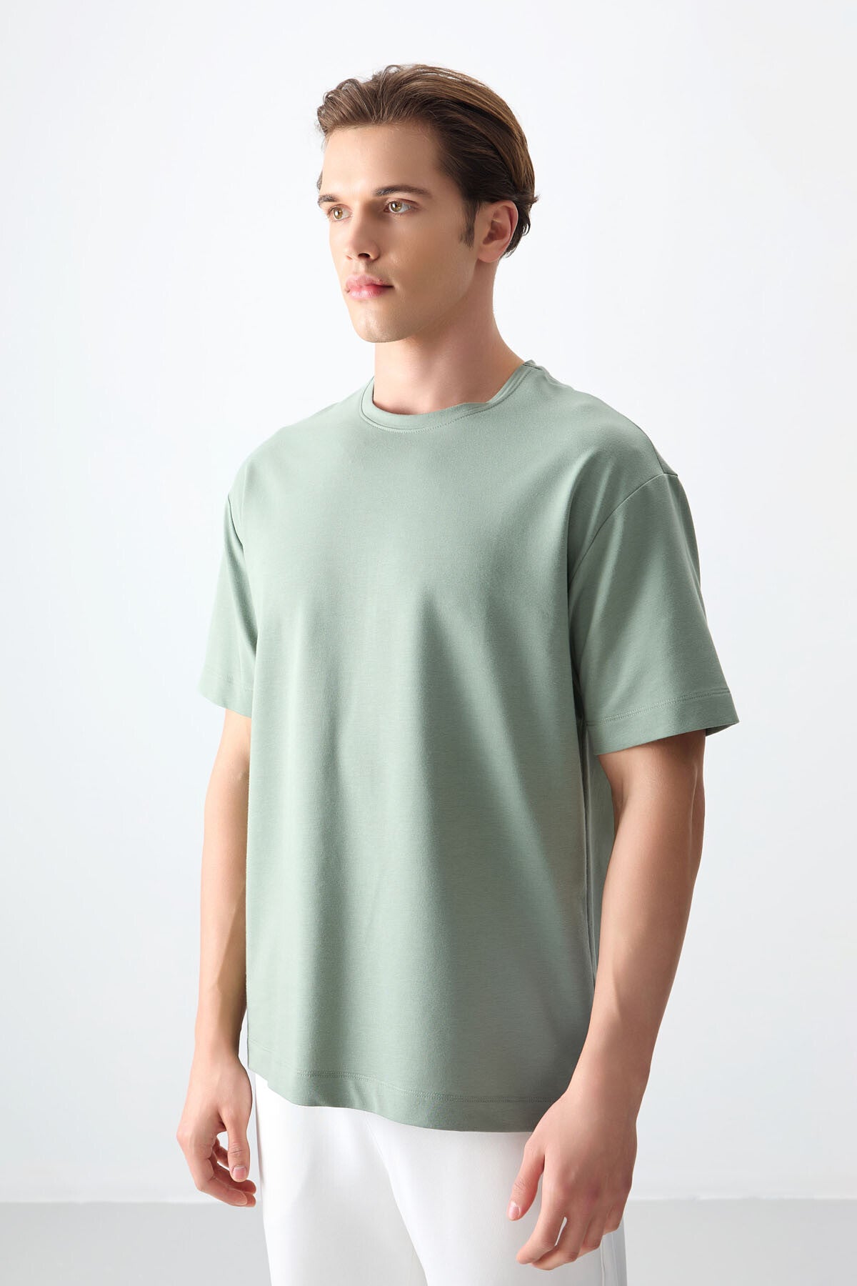 Açık Yeşil Pamuklu Kalın Yumuşak Dokulu Oversize Fit Basic Erkek T-Shirt - 88377