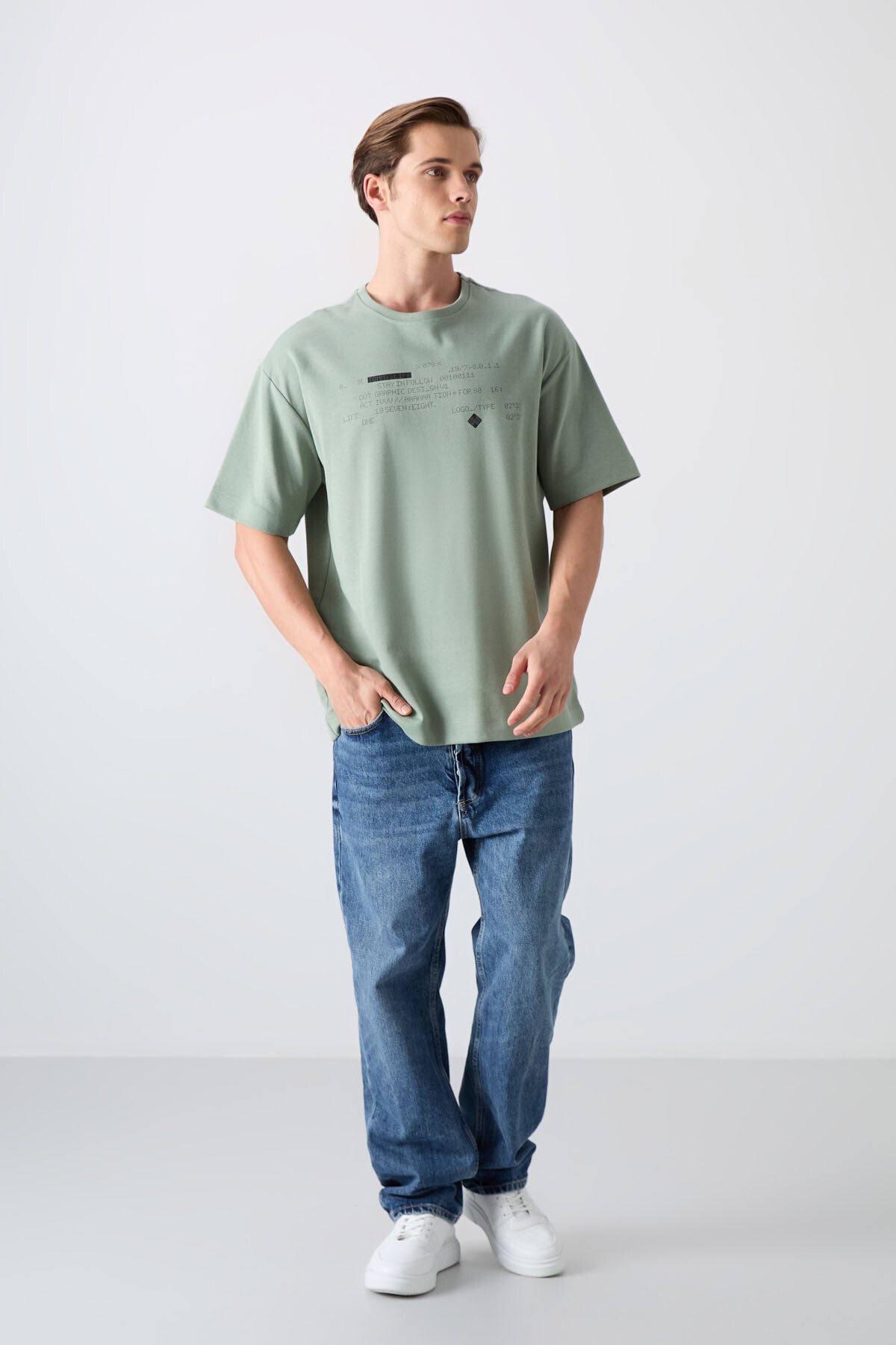 Açık Yeşil Pamuk Kalın Yumuşak Dokulu Oversize Fit Baskılı Erkek T-Shirt - 88326